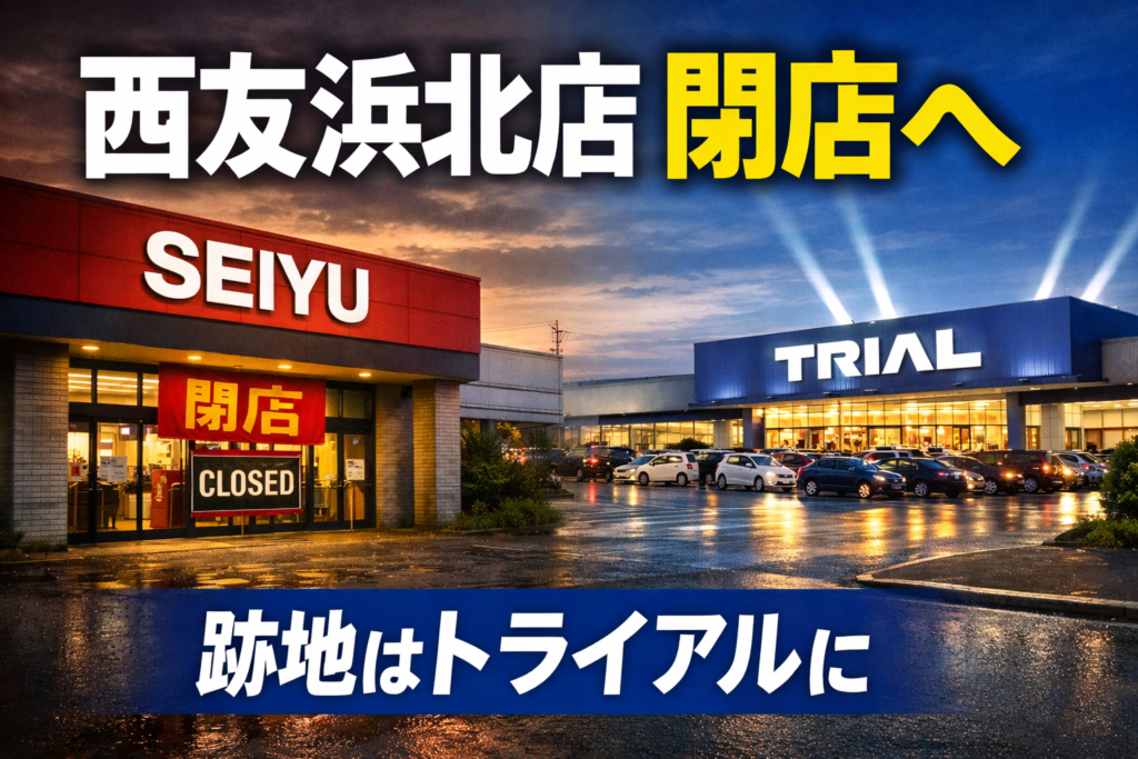 西友浜北店の閉店を知らせる店舗外観と、跡地にオープン予定のトライアル店舗を対比したアイキャッチ画像