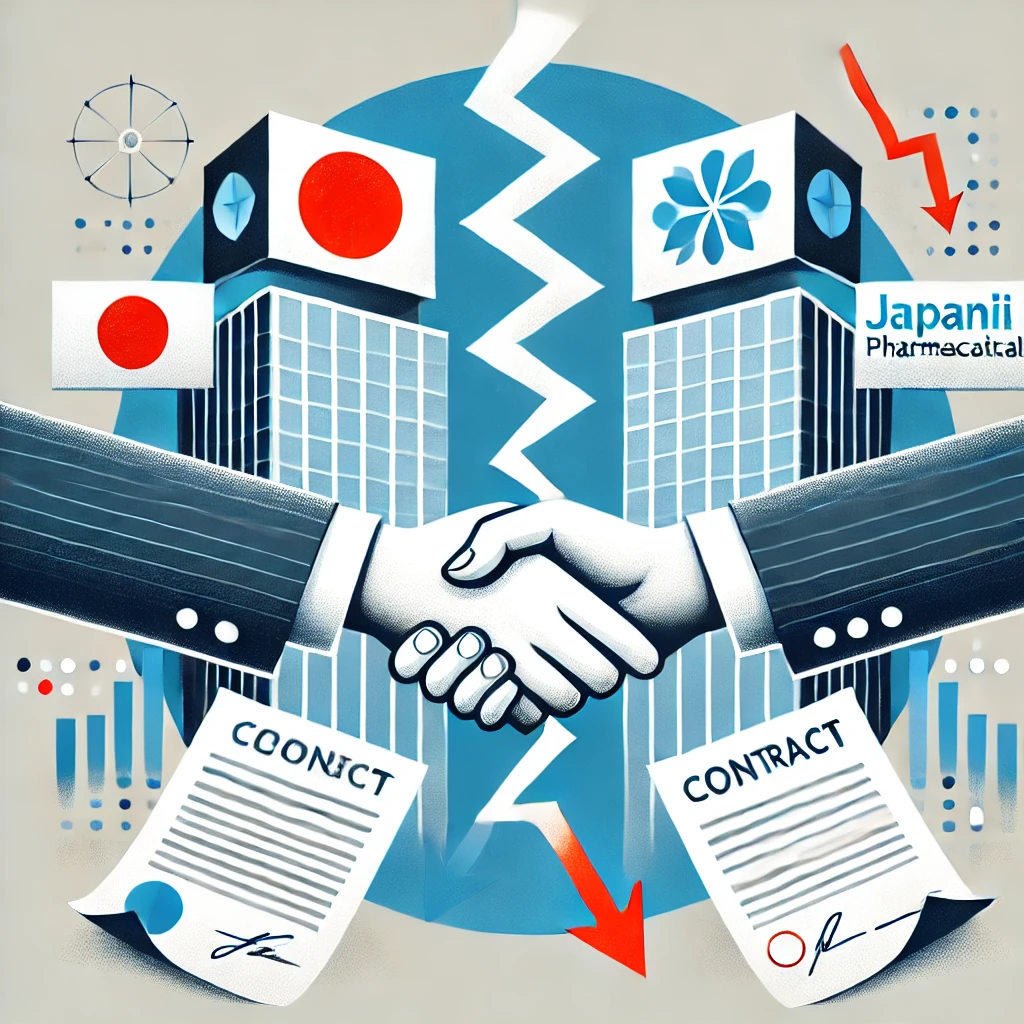 資本業務提携の白紙撤回を象徴する「割れた握手」 向かい合いながら背を向ける 2つの企業ビル 破られた契約書と下向き矢印で不透明感・緊張感を演出 経済ニュース向けの 落ち着いたブルー基調＋赤の警告色