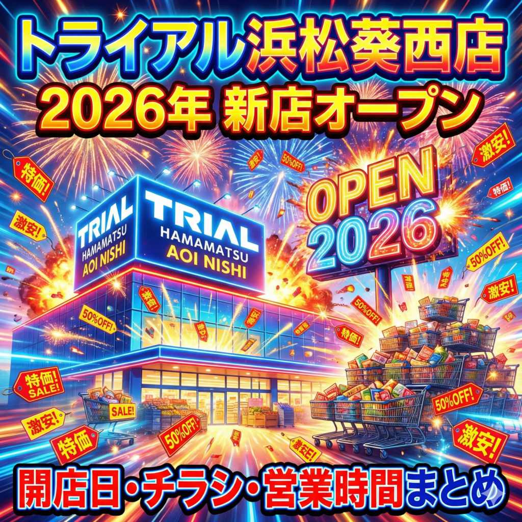 「トライアル浜松葵西店 2026年 新店オープン 開店日・チラシ・営業時間まとめ」という文字が大きく配置された、派手なネオンと花火が輝くスーパーマーケット新規オープンのYouTubeサムネイル風画像。爆発エフェクトと共に「OPEN 2026」の看板が光り、山積みの買い物カートや「特価」「激安」「SALE」の値札・ポップが大量に舞っている、活気ある様子が描かれている。