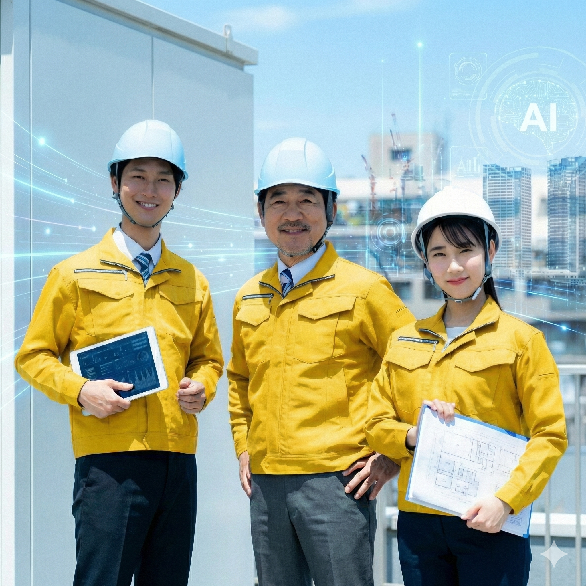 alt="青空の下、ビルの屋上で黄色の作業ジャケットと白いヘルメットを着用し、自信に満ちた笑顔で並ぶ3人の建設技術者。左の男性はタブレット端末を、右の女性は図面を持っている。背景の都市風景には、AI（人工知能）やネットワークを象徴する青いホログラムのエフェクトが重なって表示されており、テクノロジーと共存する先進的な現場職のイメージを表現している。"