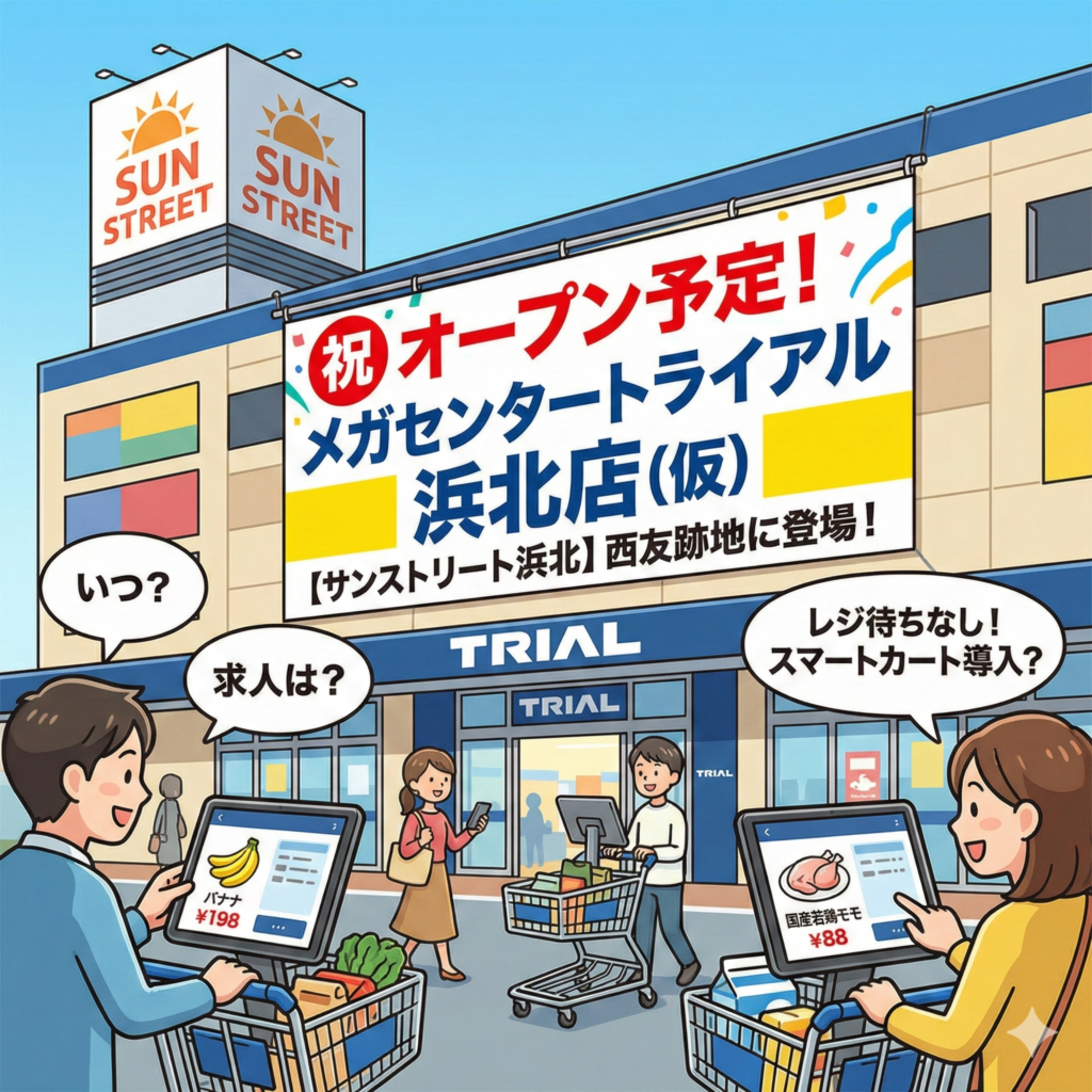 サンストリート浜北の西友跡地にオープン予定の「メガセンタートライアル浜北店(仮)」のイメージイラスト。店舗前でスマートショッピングカートを使う買い物客と、「いつ？」「求人は？」「レジ待ちなし！」といった期待の声が描かれている。