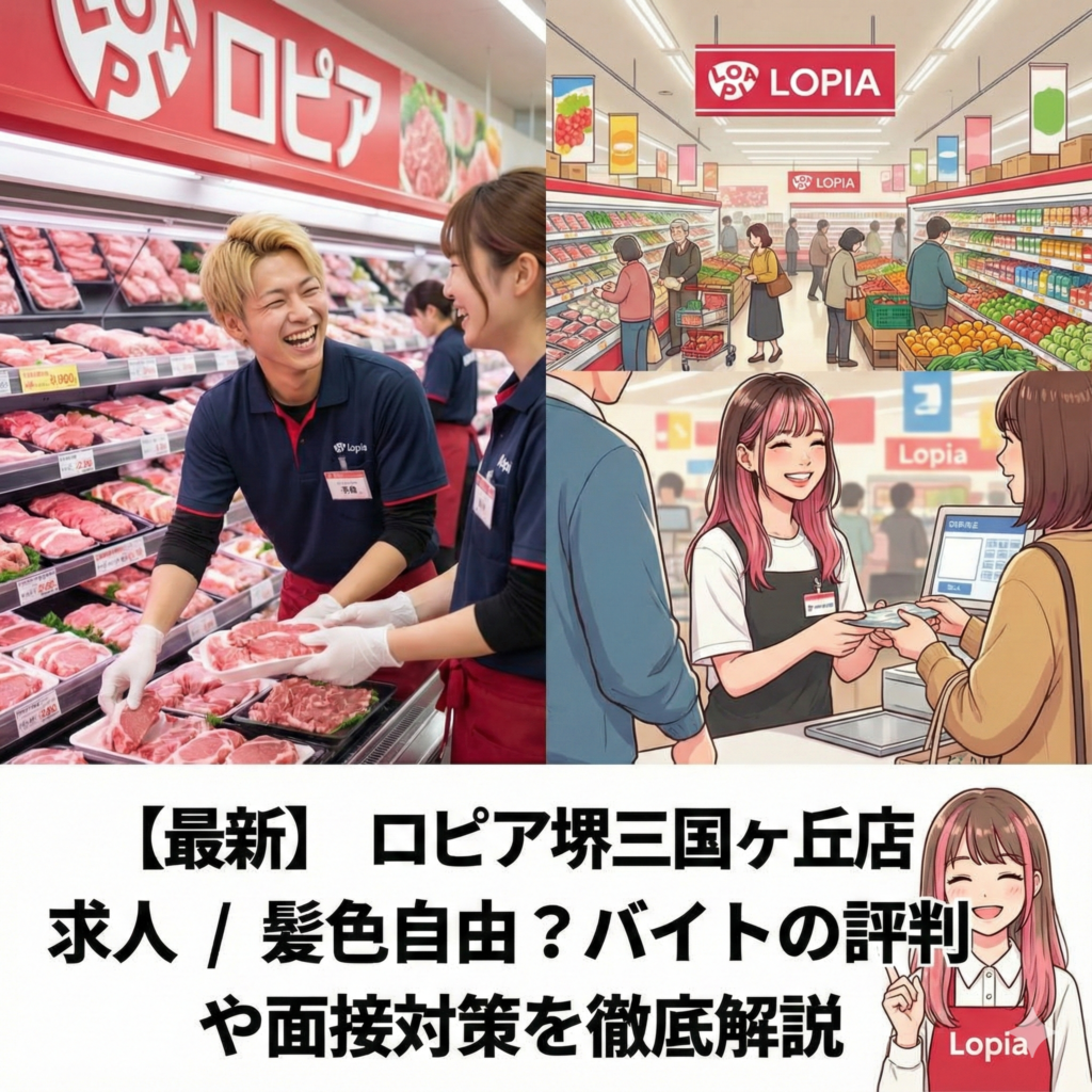 ロピア堺三国ヶ丘店のバイト求人情報。髪色自由で働くスタッフ（精肉・レジ）のイメージと、面接対策・評判を解説するアイキャッチ画像。