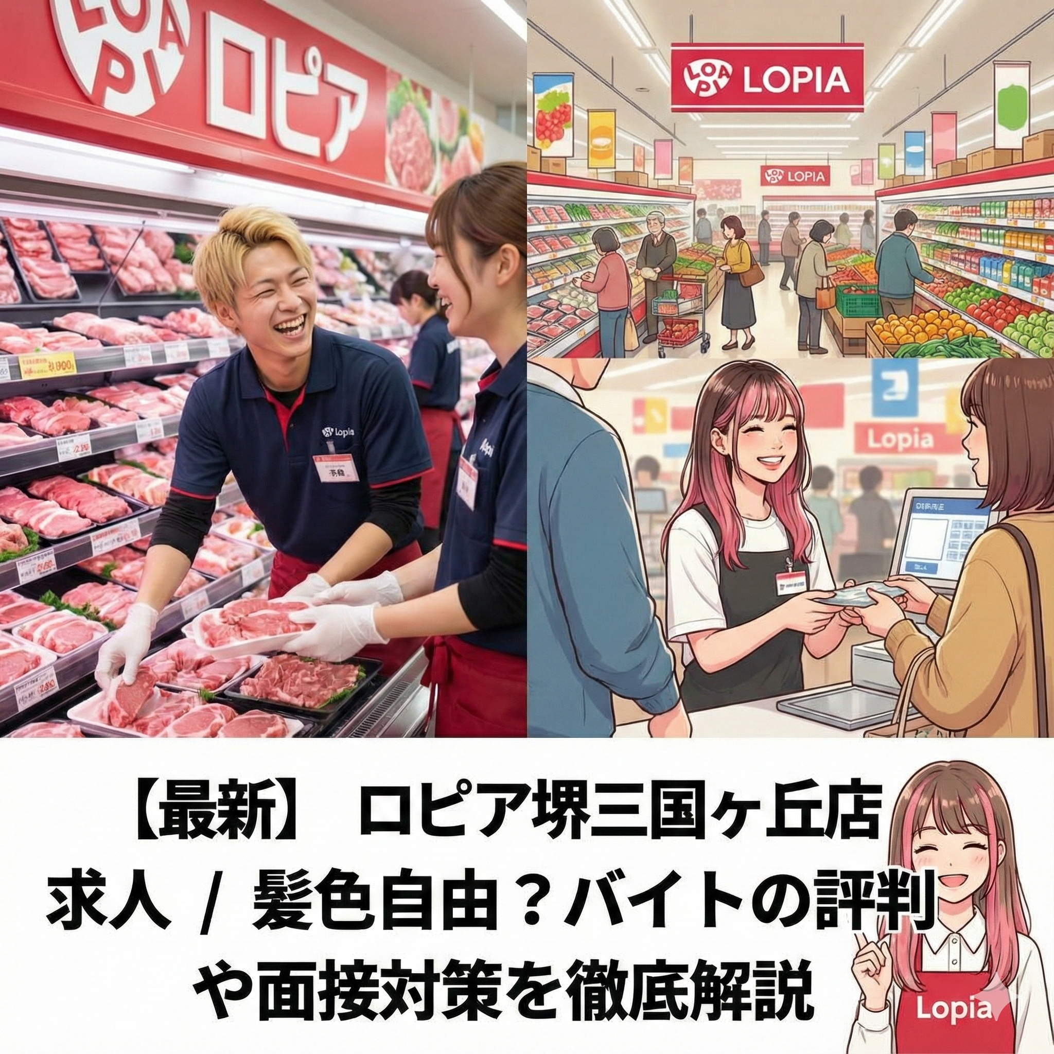 ロピア堺三国ヶ丘店のバイト求人情報。髪色自由で働くスタッフ（精肉・レジ）のイメージと、面接対策・評判を解説するアイキャッチ画像。