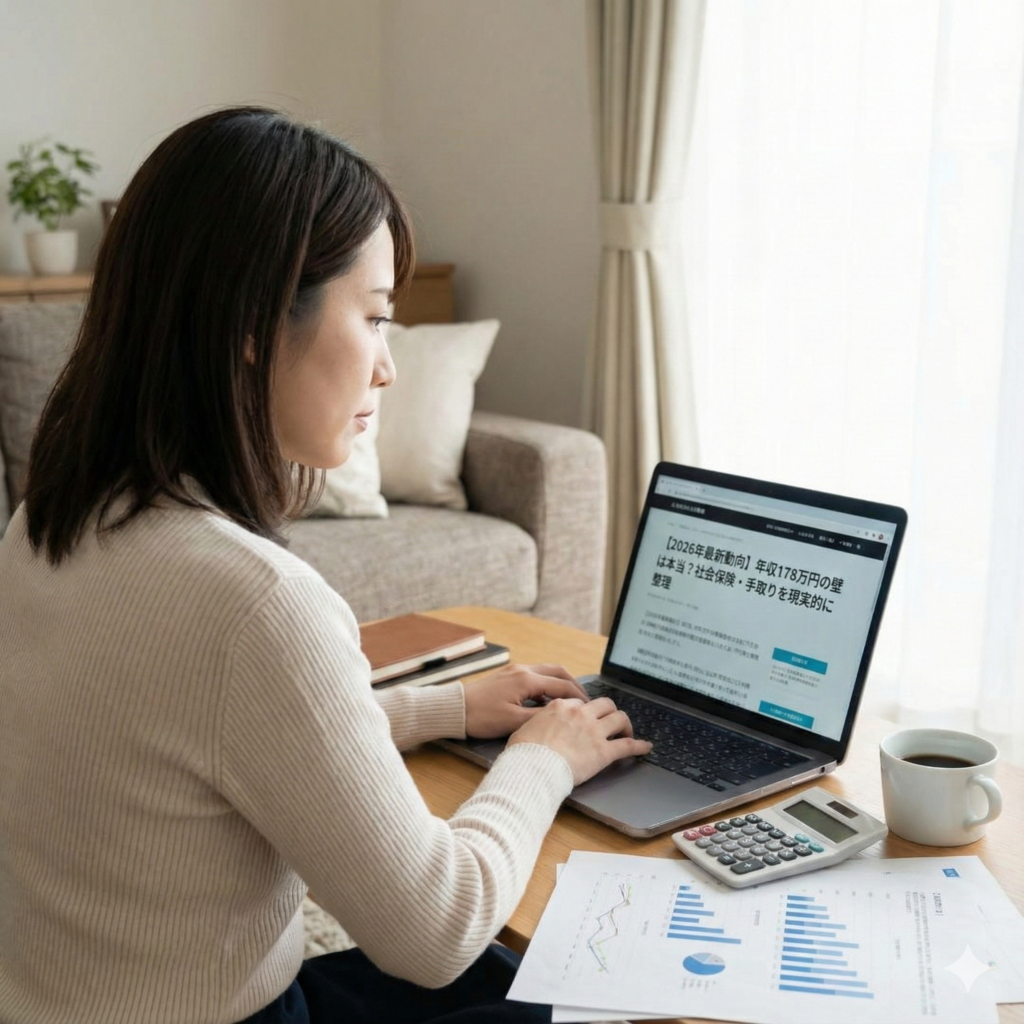 自宅のリビングで、30代の日本人女性がノートパソコンの画面に表示された『【2026年最新動向】年収178万円の壁は本当？社会保険・手取りを現実的に整理』という記事を真剣に見ている。机の上には電卓とグラフが印刷された資料が置かれている。