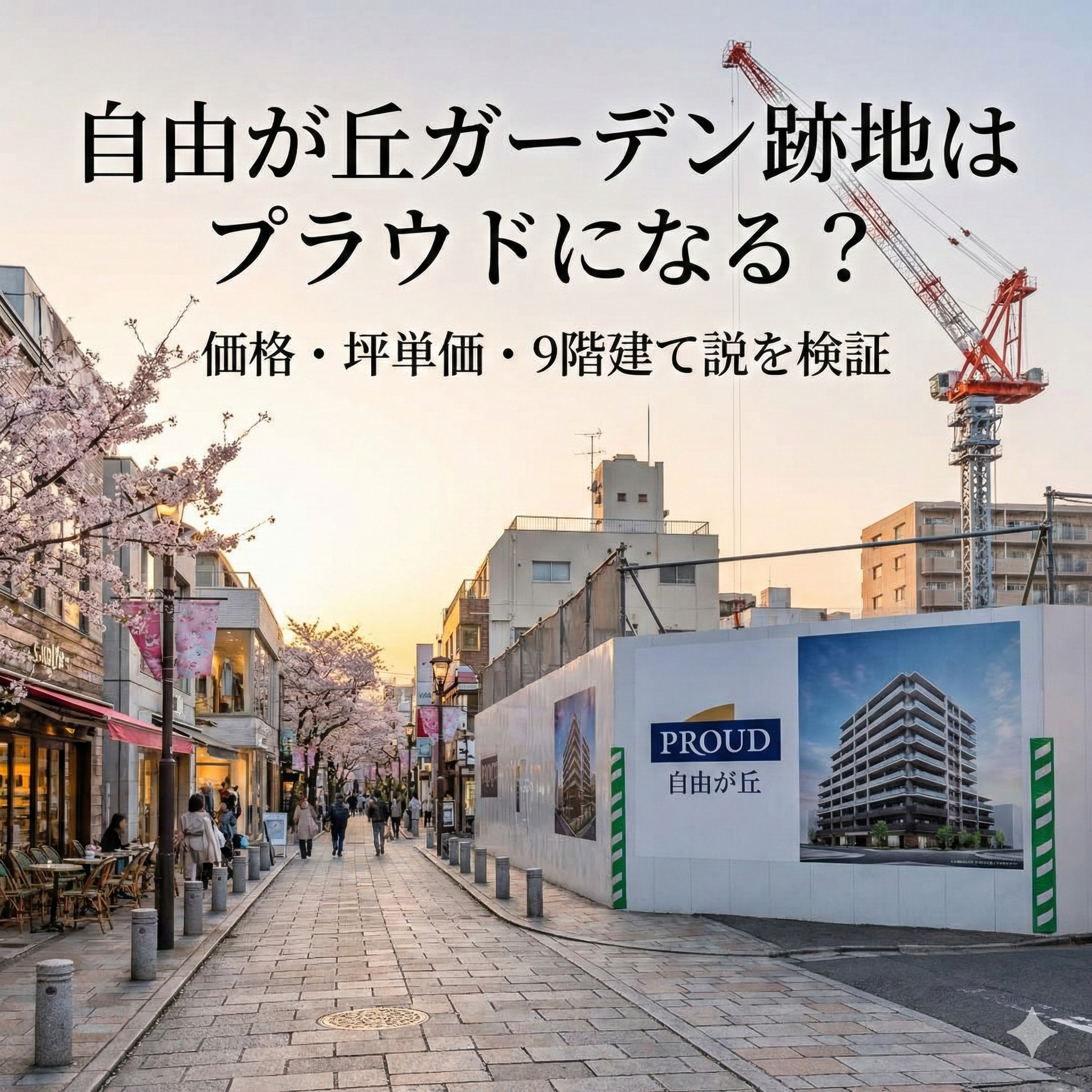 alt="桜が咲く自由が丘の街並みと、「PROUD 自由が丘」のマンション完成予想図が掲示された工事現場の仮囲いを写した写真。画像上部には「自由が丘ガーデン跡地はプラウドになる？ 価格・坪単価・9階建て説を検証」という記事タイトルが大きな文字で配置されている。"