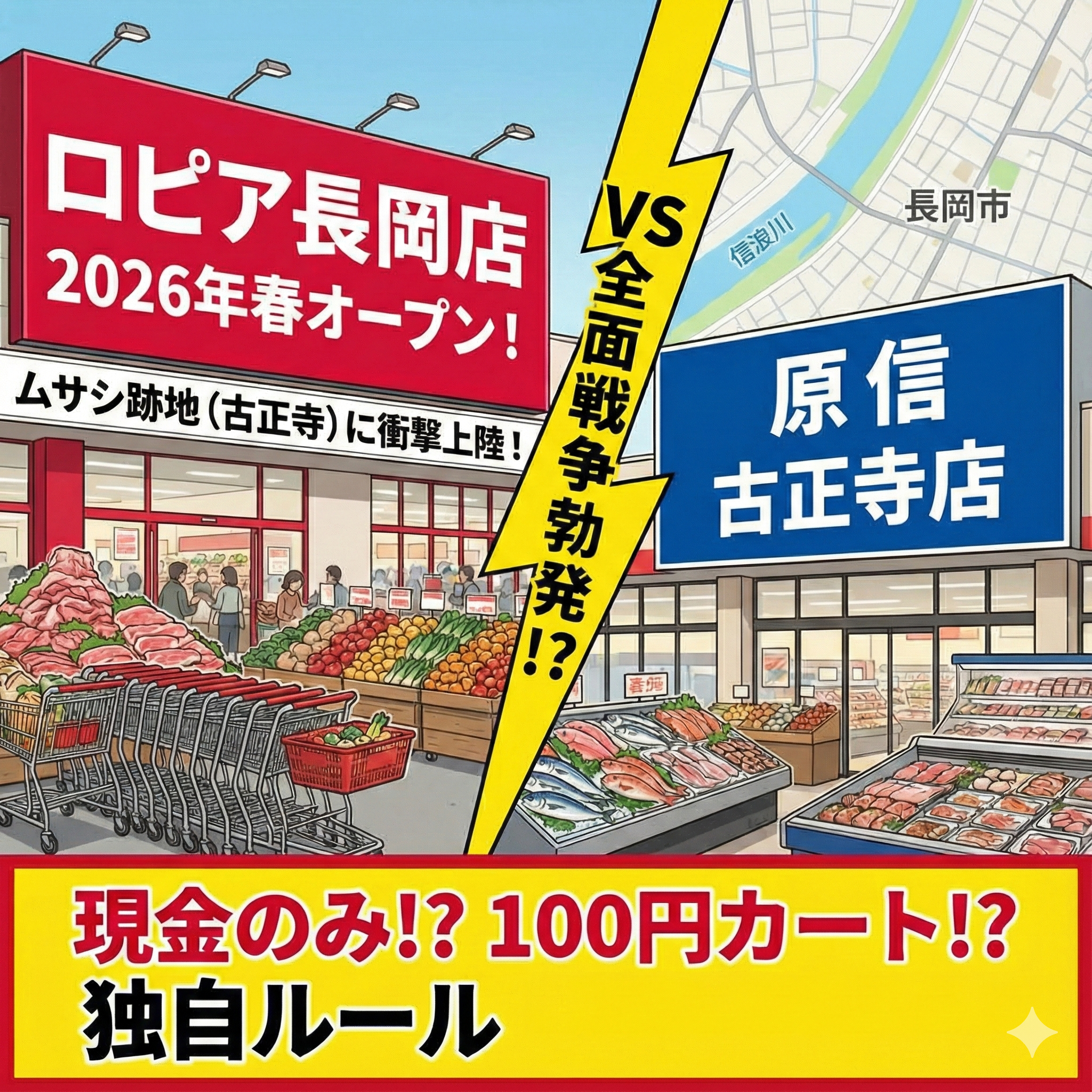 ロピア長岡店（ムサシ跡地）の2026年春オープン告知と原信との比較をイメージした画像