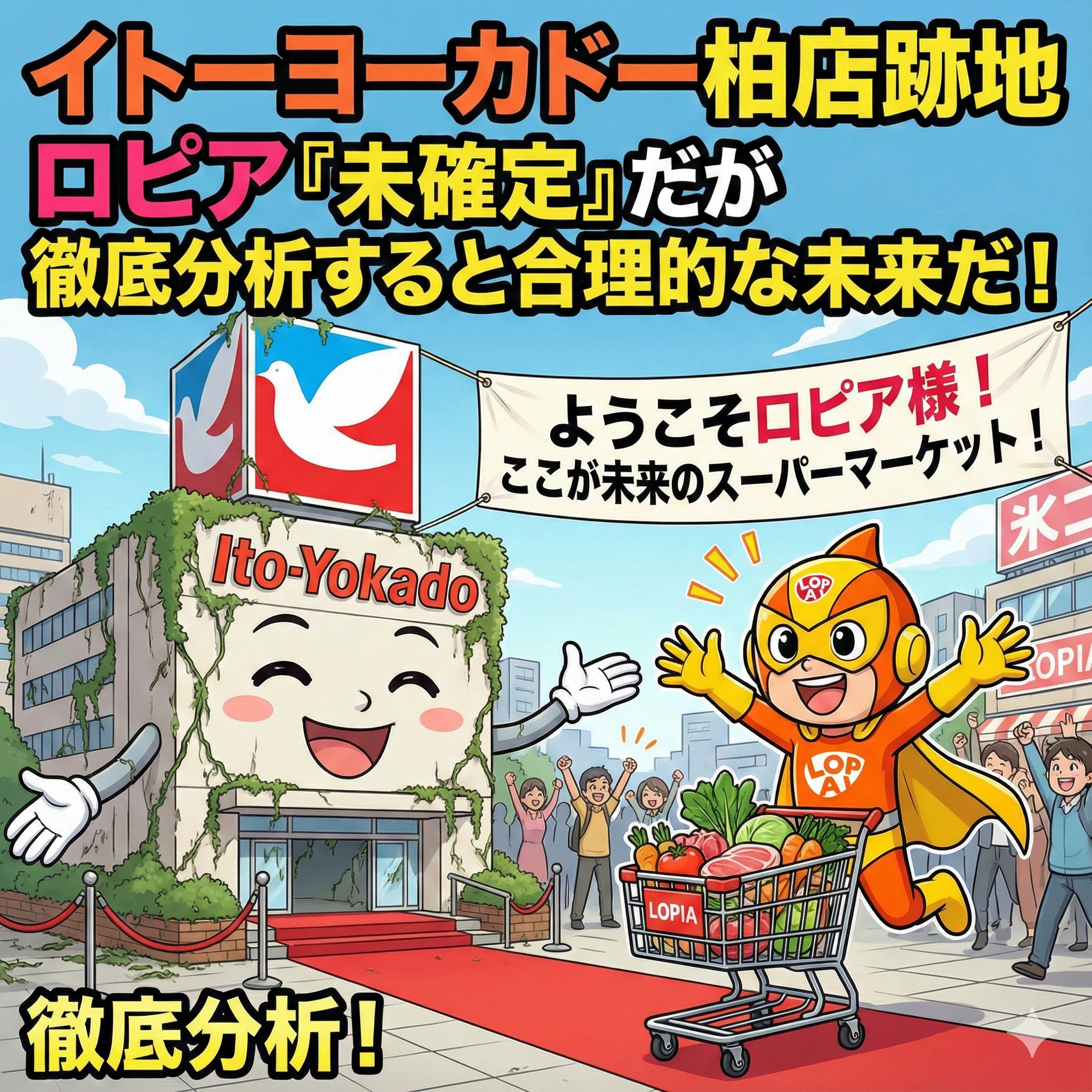 擬人化されたイトーヨーカドー柏店の建物が「ようこそロピア様！」という横断幕を掲げ、買い物カートを押すスーパーヒーローを赤い絨毯で出迎えている様子を描いた、明るいアニメ調のイラスト。「徹底分析」という文字が含まれている。