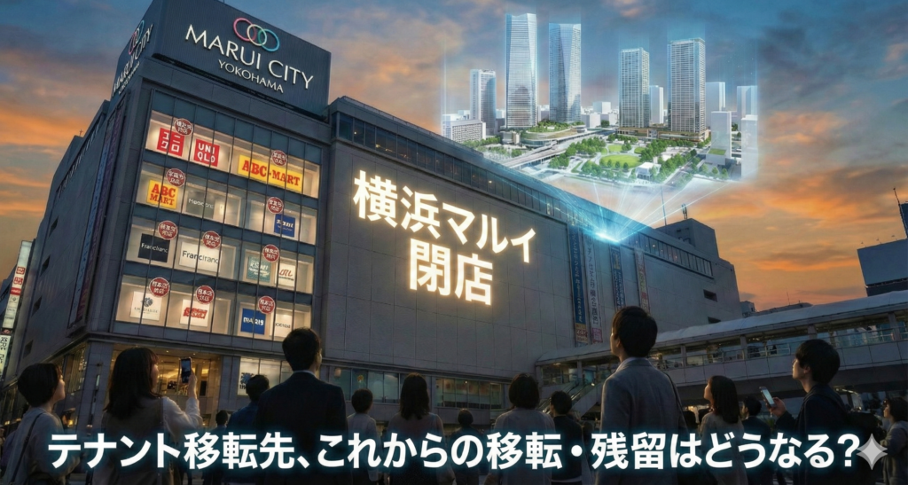 夕暮れ時の横浜マルイシティの建物。外壁には大きく「2026年2月 閉店」「完全保存版」と表示され、下部には「横浜 マルイ 閉店 駿河屋はどうなる?移転・残留?」というテキストがある。建物の右上には、将来の横浜駅東口周辺の再開発計画を示す高層ビル群のホログラムが投影されており、手前の人々がそれを見上げている。