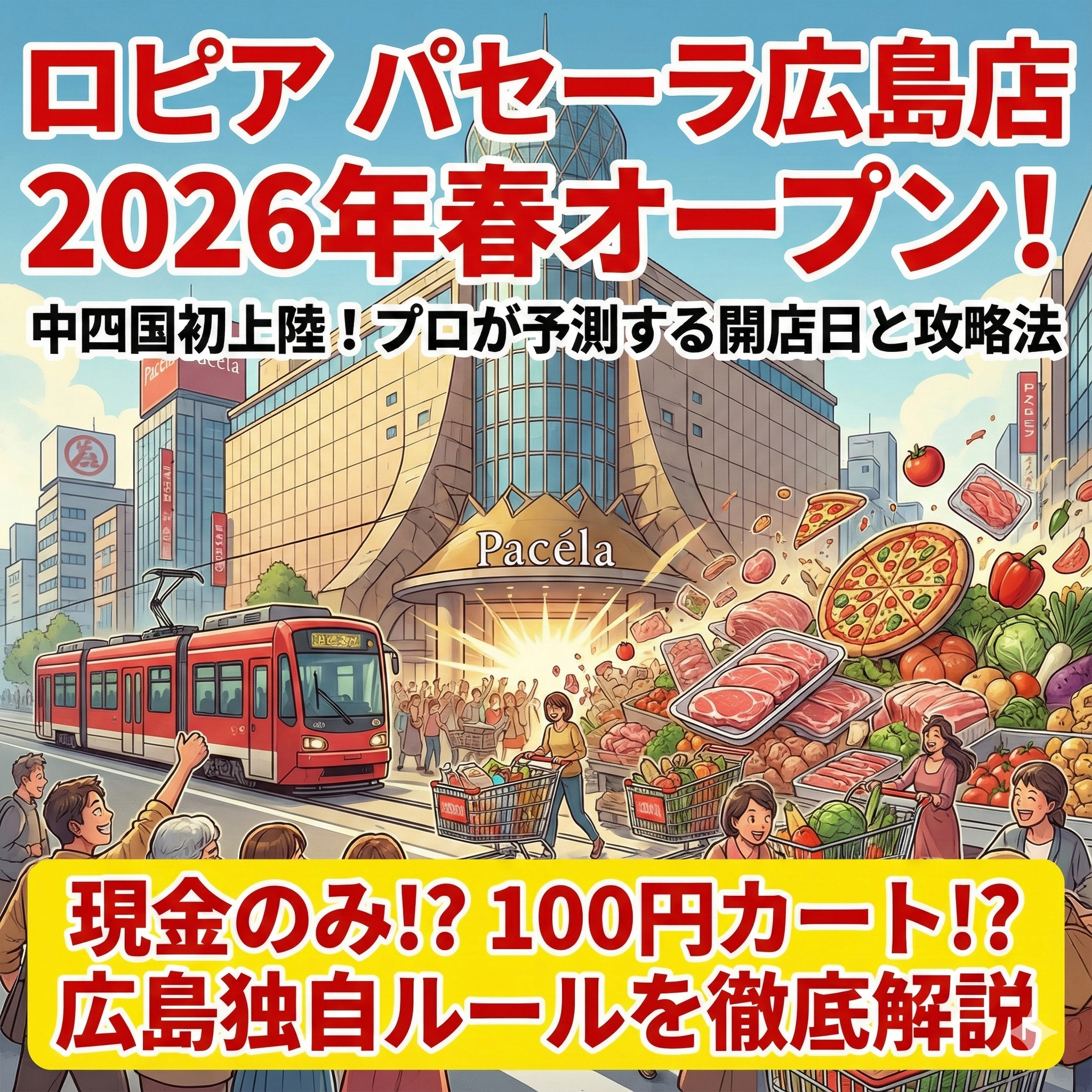 ロピア パセーラ広島店の2026年春オープンを告知するアイキャッチ画像。広島電鉄（路面電車）とパセーラの外観、山盛りの食材を運ぶ買い物客のイラストを背景に、「広島独自ルールを徹底解説」などのテキストが入っている。
