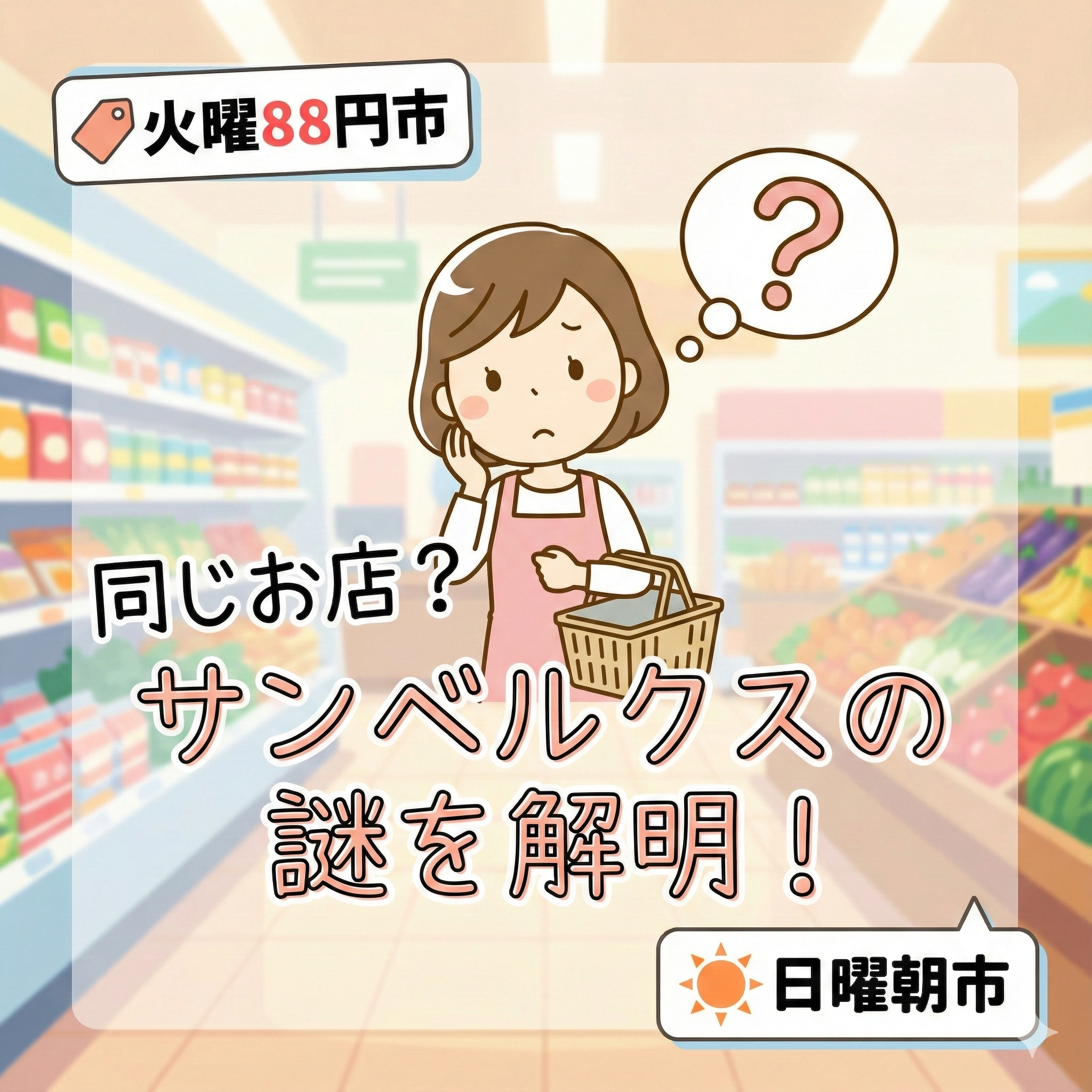 スーパーマーケットの店内で疑問符（？）を浮かべている主婦のイラスト。「同じお店？サンベルクスとベルクスの謎を解明！」というメインタイトルに加え、左上に「火曜88円市」、右下に「日曜朝市」というセール情報のラベルが配置されているアイキャッチ。