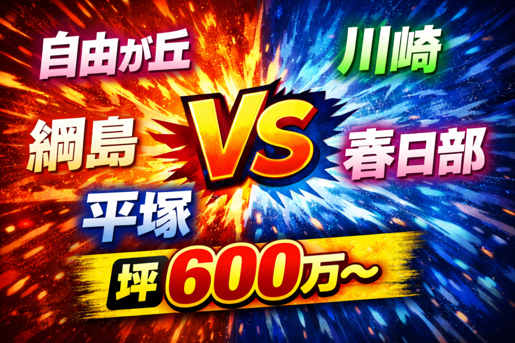 自由が丘・綱島・川崎・平塚・春日部の坪単価をVS構図で比較する派手なアイキャッチ画像（坪600万〜）