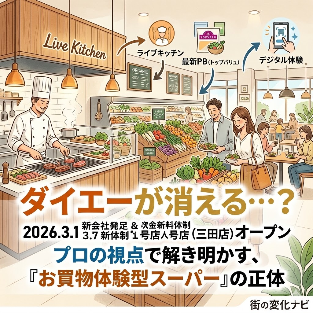 お買い物体験を重視する、現代的で温かみのある編集イラスト風のスーパーマーケットの内部を描いた画像。上部には大きな赤い見出しで「ダイエーが消える…？」と書かれています。その下、中央の赤いテキストブロックには以下の告知テキストがあります： 「2026.3.1 新会社発足 & 次金新料体制」 「3.7 新体制 1号店(三田店) オープン」 下部（青い見出し）には次の解説テキストがあります： 「プロの視点で解き明かす、」 「『お買物体験型スーパー』の正体」 イラストは、従来のスーパーマーケットとは異なる様々な「お買い物体験」を視覚化しています。左側の「Live Kitchen」と書かれた木製のセクションでは、シェフが笑顔で調理し、その横にシェフとカトラリーのアイコンと「ライブキッチン」というテキストがあります。中央の市場風の陳列棚には「FRESH ORGANIC」の看板があり、野菜を買い物するカップルが描かれ、上部に「有機食材」と「最新PB（トップバリュ）」のアイコンとテキストがあります。右側には飲食スペースがあり、テーブルで食事をする人々と、スマートフォン（「iAEON」アプリ風の画面）で決済を行う顧客が描かれ、上部に「デジタル体験」のアイコンとテキストがあります。画像全体が、新しいスーパーマーケットの多様な楽しみ方を提案する情報グラフィックとなっています。