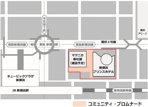 新横浜プリンスホテルとマクニカ新社屋の配置を示す案内図