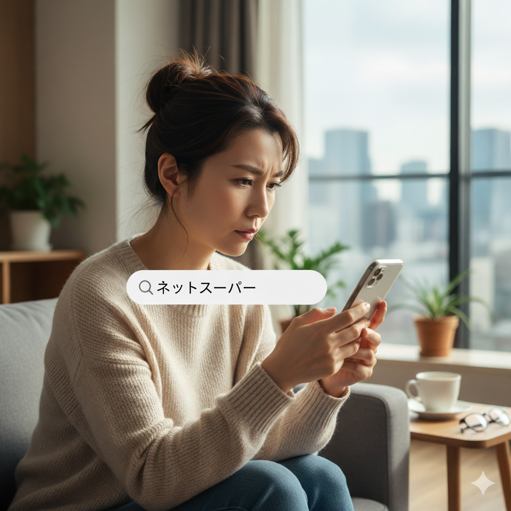 スマホで、ネットスーパーを検索している女性の画像