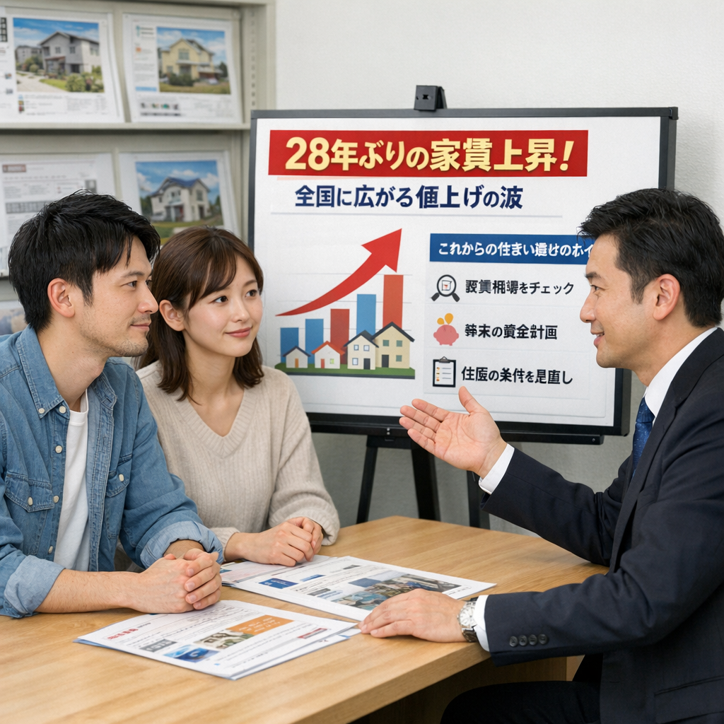 若い20代後半の夫婦が、不動産屋の営業マンに、28年ぶりの家賃上昇！全国に広がる値上げの波と、これからの住まい選びで知っておきたいことの説明を受けている画像