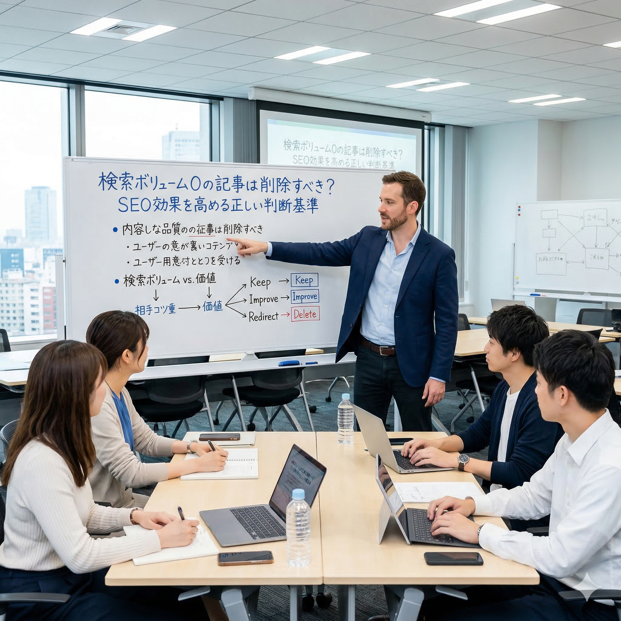 SEOを熟知したプロの男性が、講習に来ている生徒にホワイトボードを指さし説明しているイメージに仕上げてください。ホワイトボードには、「検索ボリューム0の記事は削除すべき？SEO効果を高める正しい判断基準」と書かれている。