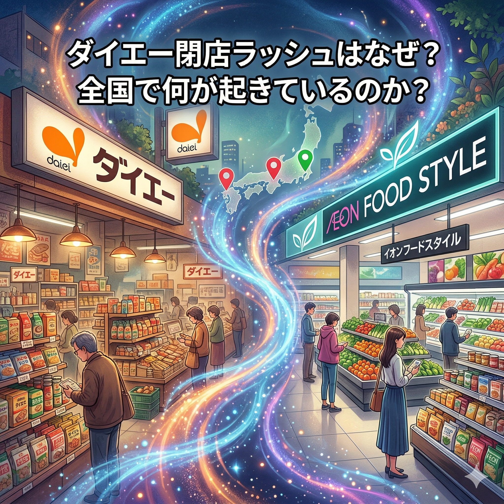 ダイエーから、イオンフードスタイルに変化していく様子を不思議な空間を描いた美しい画像