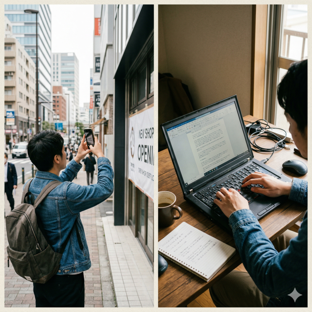 提供された画像は、一人の男性の対照的な行動を縦分割で捉えた1:1のアスペクト比の写真です。  左側の屋外シーンでは、男性が都会の歩道で「NEW SHOP OPENING」と書かれた横断幕のある新店舗のファサードをスマートフォンで撮影しており、情報収集の瞬間を表現しています。
右側の屋内シーンでは、同じ男性が自宅の木製デスクで、コーヒーカップやノートに囲まれながら、使い込まれたThinkPadノートパソコンで熱心にタイピングしており、情報の編集や執筆作業（アウトプット）に集中する様子を描いています。