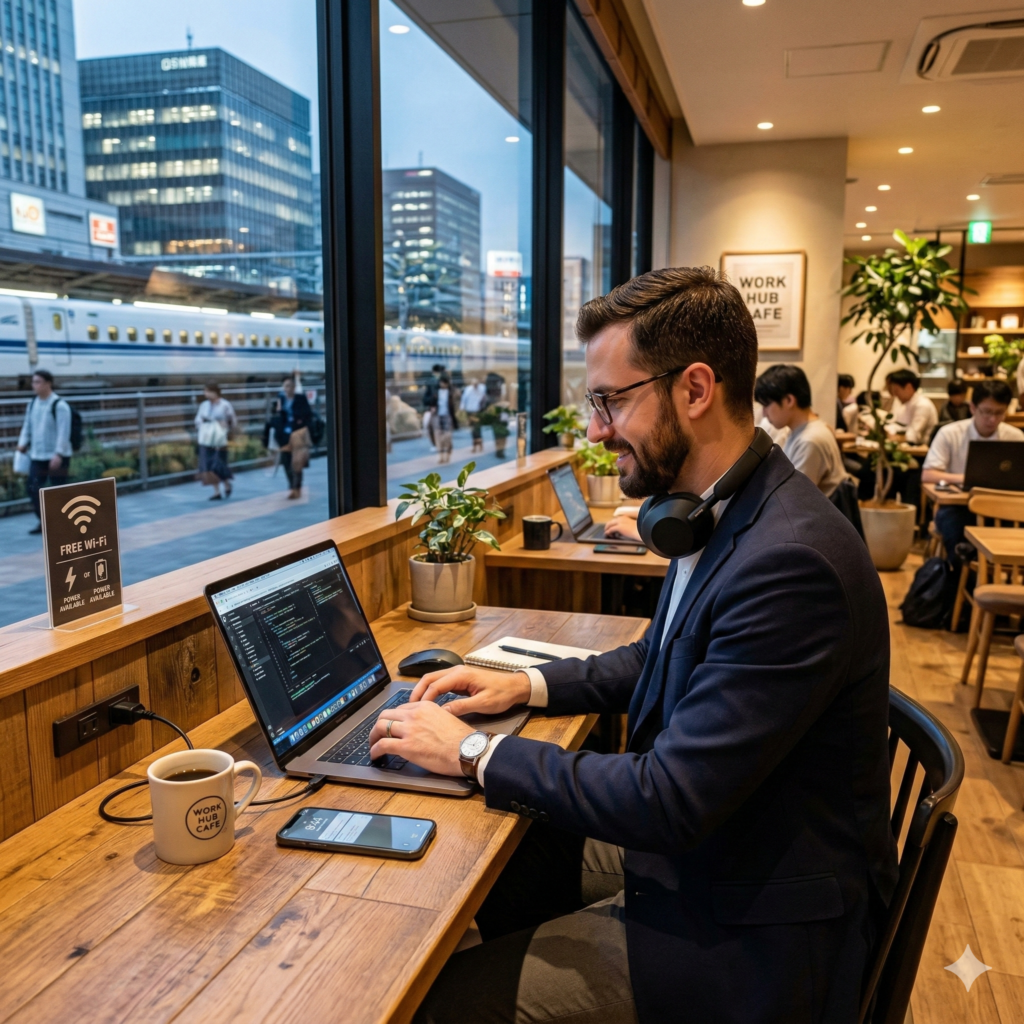新横浜のカフェで、窓側のカウンター席に座り、ノートパソコンで快適に作業する男性。窓の外には停車中の新幹線と夕暮れの都市の景色が見える。壁には『FREE Wi-Fi』のサインと電源コンセントが設置されている。