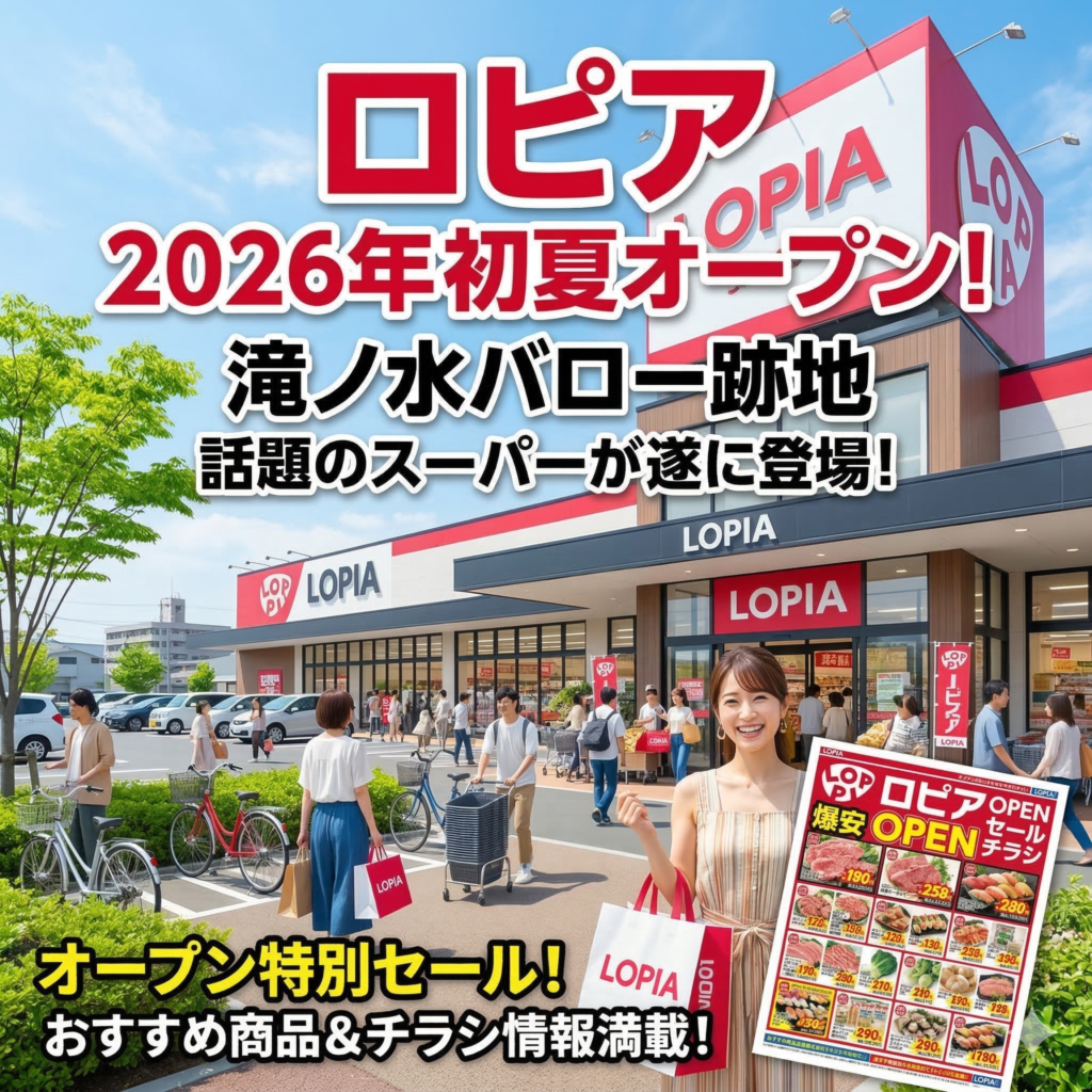 青空の下、広々とした駐車場を構えたスーパーマーケット「ロピア」の店舗外観と、その前で笑顔を見せる女性が描かれた画像です。