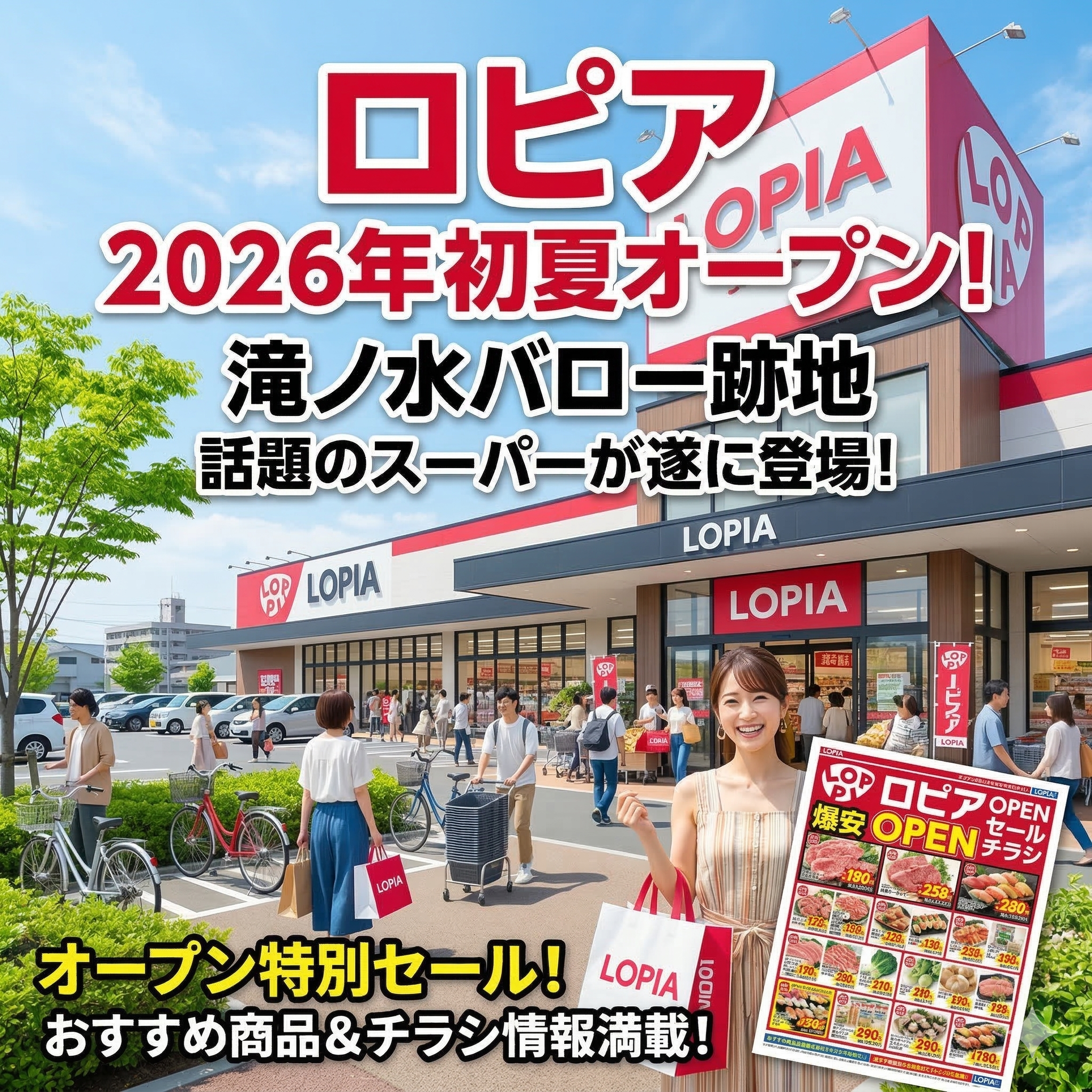 青空の下、広々とした駐車場を構えたスーパーマーケット「ロピア」の店舗外観と、その前で笑顔を見せる女性が描かれた画像です。