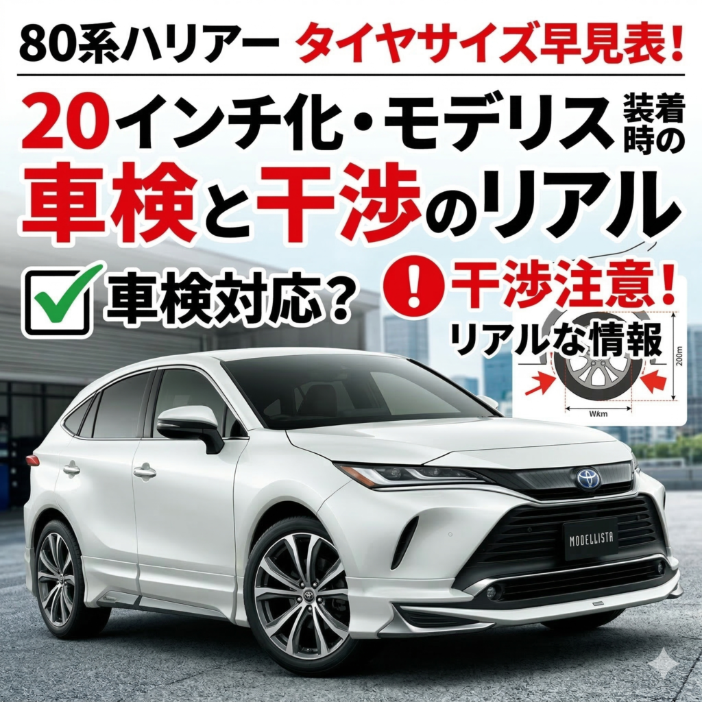 画面中央に、白いボディにモデリスタ製エアロパーツを装着し、大径20インチのカスタムアルミホイールを履いた80系ハリアーが斜め前方から描かれています。ハリアーは舗装された道路を走行しており、背景は整備工場や都市部を想起させるボケ味のある風景です。