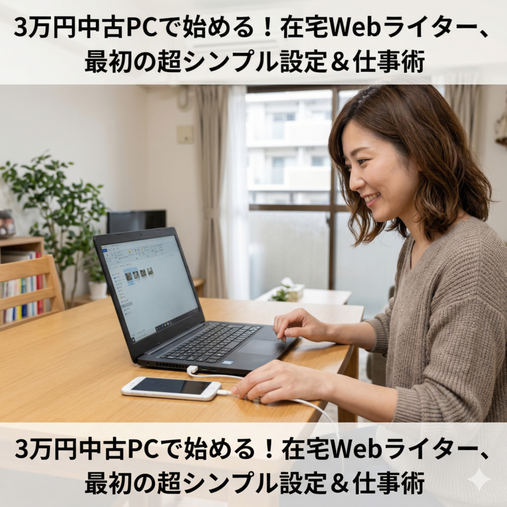 自宅マンションの部屋にあるテーブルに置いてあるノートパソコンからスマートフォンにUSBケーブルを繋いで画像を取り込んでいる女性の画像