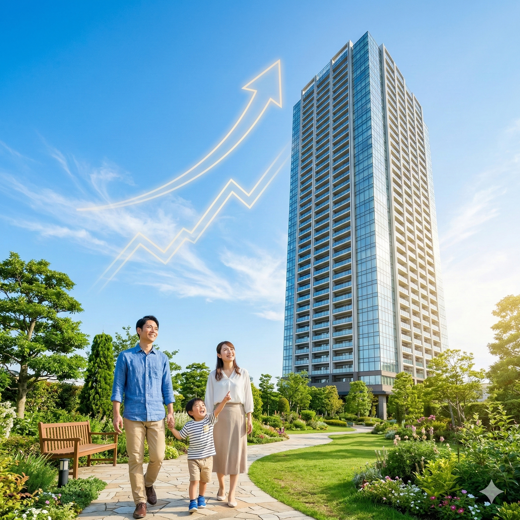 晴れ渡った青空の下、美しく手入れされた庭園の中を歩く幸せな3人家族（父、母、息子）。家族は笑顔で上を見上げ、息子が上空を指差している。背景には、モダンなガラス張りの高層タワーマンションがそびえ立っている。青空には、成長と繁栄を象徴する、光る金色の折れ線グラフと上昇する矢印が描かれている。太陽光が差し込み、希望と快適な生活を感じさせる。