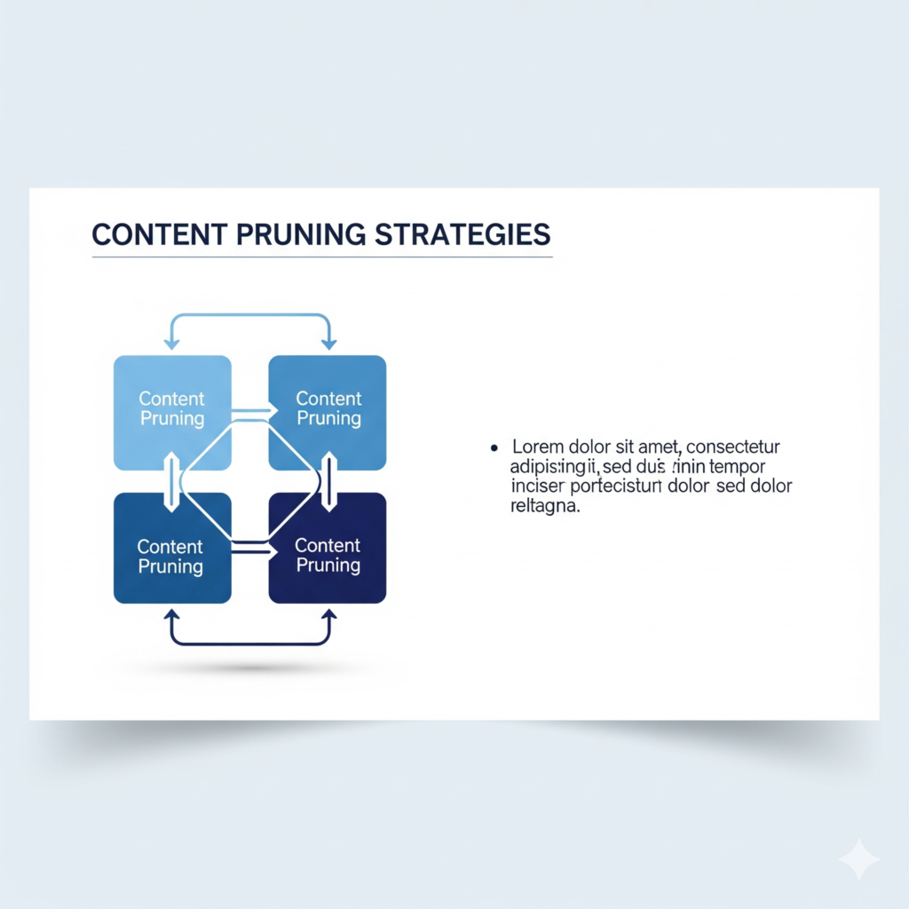 コンテンツプルーニングの意思決定マトリクスと具体的なSEO施策をイメージしたスライド画像。