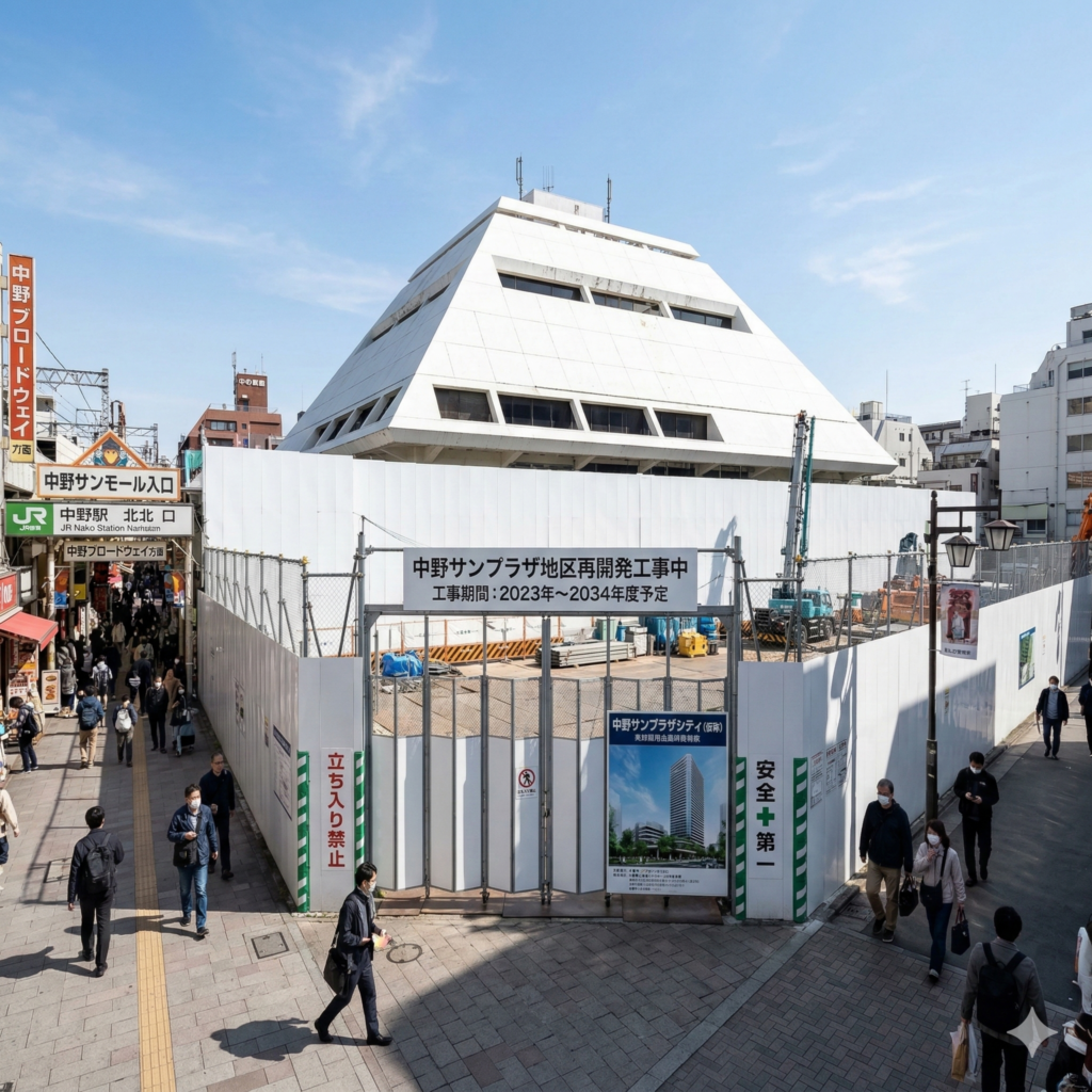 中野サンプラザの工事が始まって工事用の白い柵に囲まれているイメージ画像