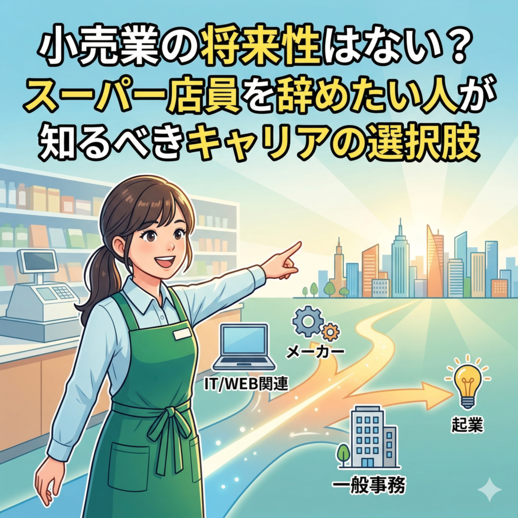 「小売業の将来性はない？スーパー店員を辞めたい人が知るべきキャリアの選択肢」というテキストが入ったブログのアイキャッチ画像。スーパー店員の女性が、小売業の環境（レジと棚）を背景に、IT/WEB関連、メーカー、一般事務、起業といった多様な新しいキャリアの選択肢を指差している。