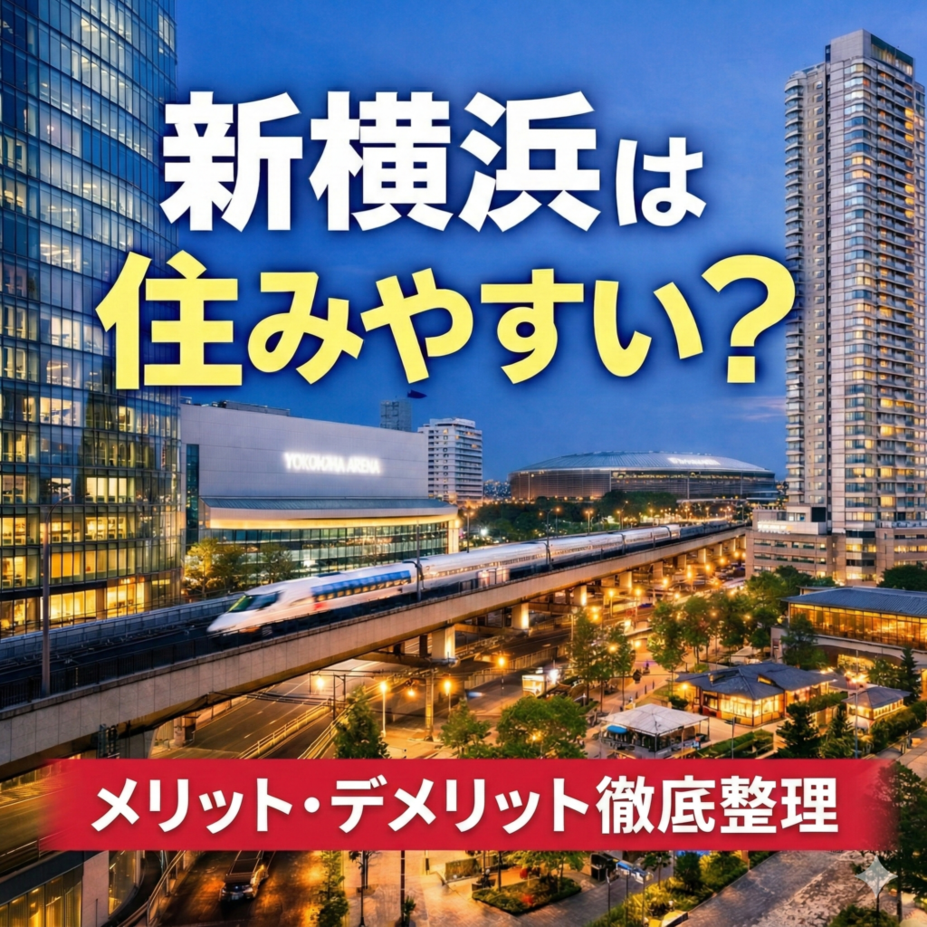 夕暮れの新横浜の街並みと横浜アリーナ、新幹線高架を背景に「新横浜は住みやすい?メリット・デメリット徹底整理」と大きく表示したアイキャッチ画像