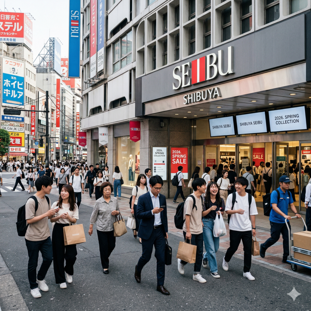 西武渋谷店の前を通りすがる様々な人々を描いた画像
