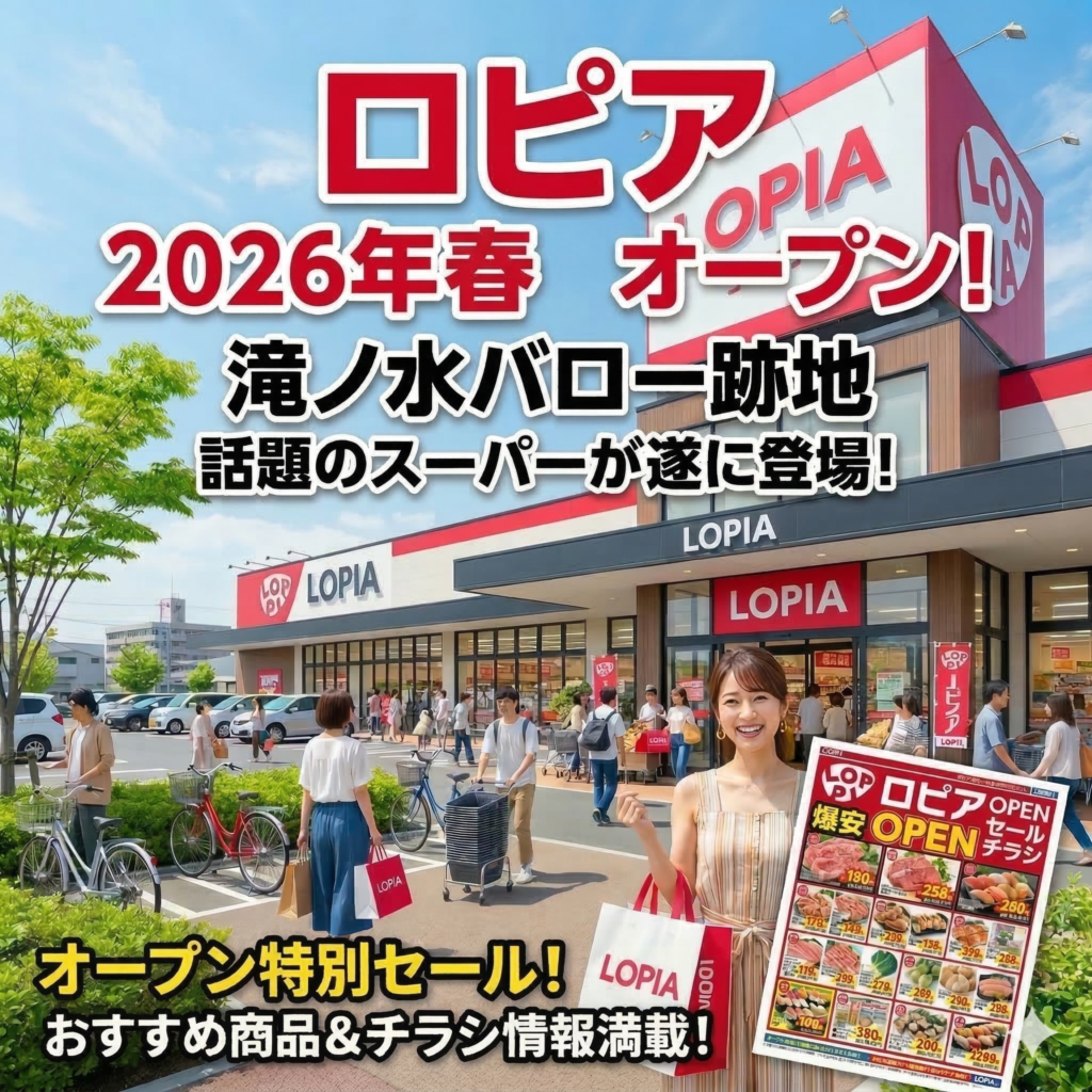 青空の下、広々とした駐車場を構えたスーパーマーケット「ロピア」の店舗外観と、その前で笑顔を見せる女性が描かれた画像です。