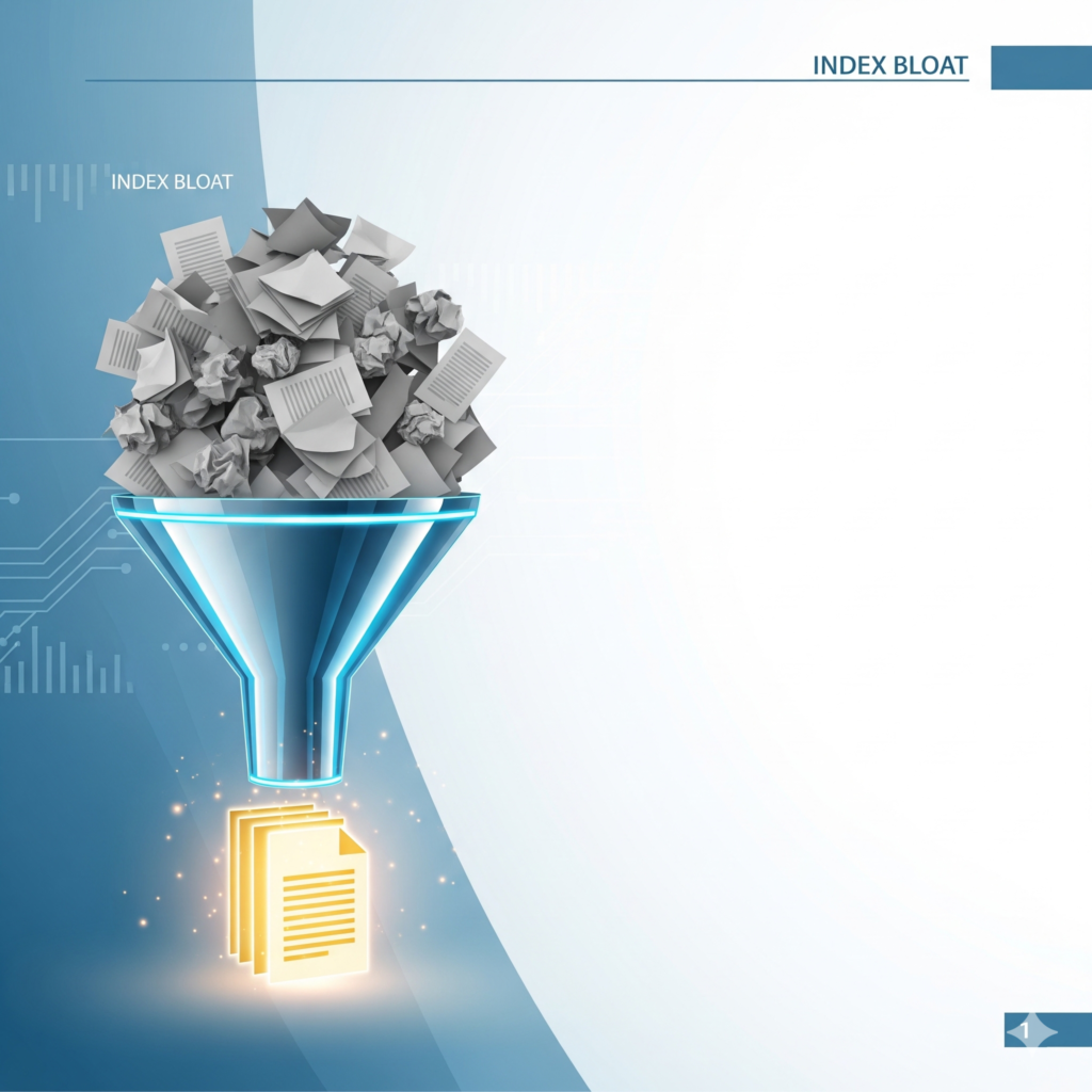 Googleのヘルプフルコンテンツシステムとインデックス肥大化の脅威をイメージしたスライド画像。