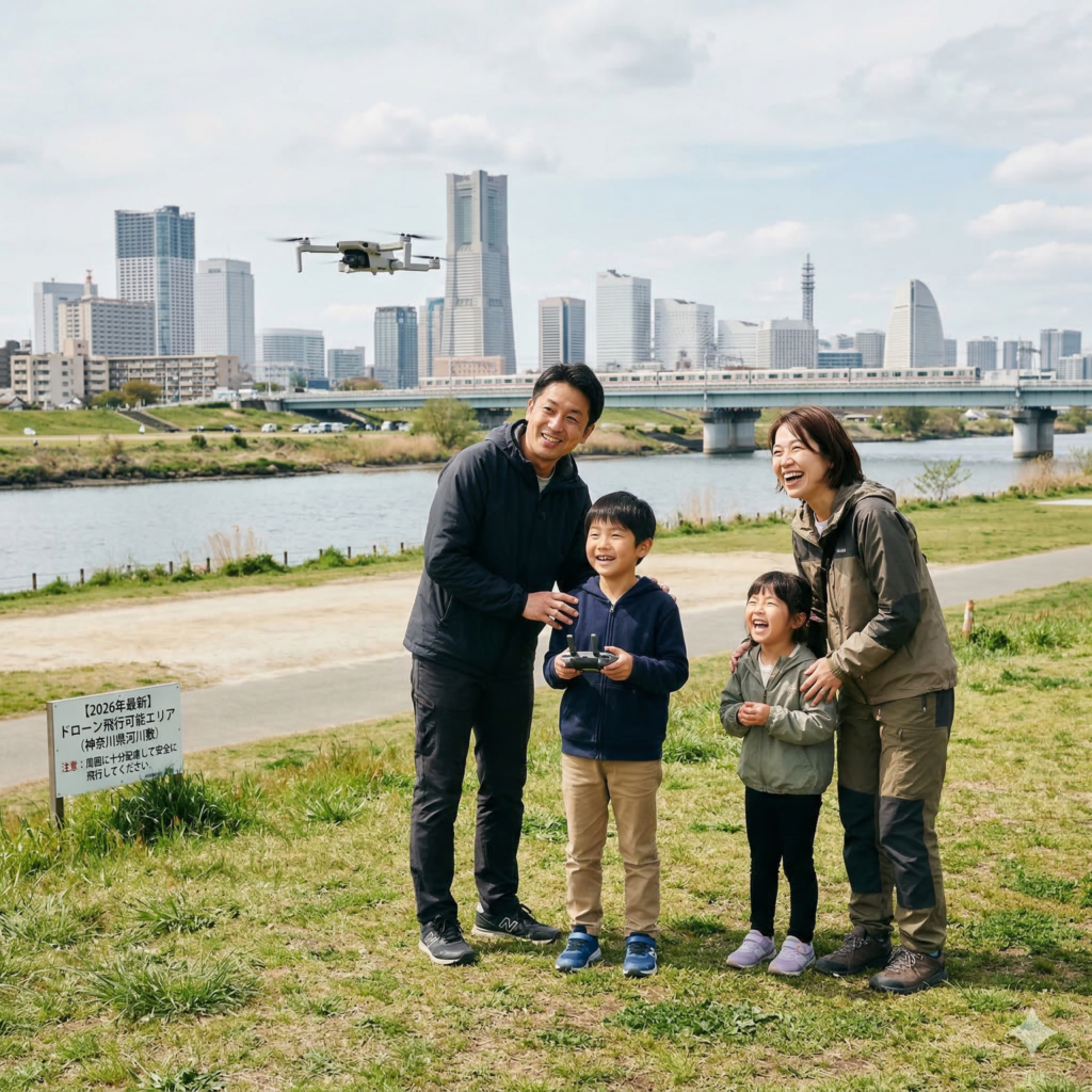 神奈川県の無料で飛ばせる河川敷・海岸スポットで、家族4人。小学生の息子と、楽しくドローンを飛ばしている画像。