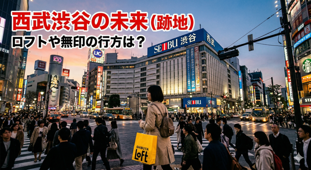画像は、夕暮れ時の渋谷の交差点から西武渋谷店を見上げる構図です。この時間帯の光は、何かが終わる寂しさと、新しい明日への希望を暗示します。そして、手前の歩行者の中には、黄色い「SHIBUYA LOFT」のバッグを持つ人が紛れており、読者は「えっ、ロフトも関係あるの？」と一瞬で気づきます。さらに、左上には大きな文字で「西武渋谷の未来（跡地）」と、その下に「ロフトや無印の行方は？」という具体的な疑問を提示しています。