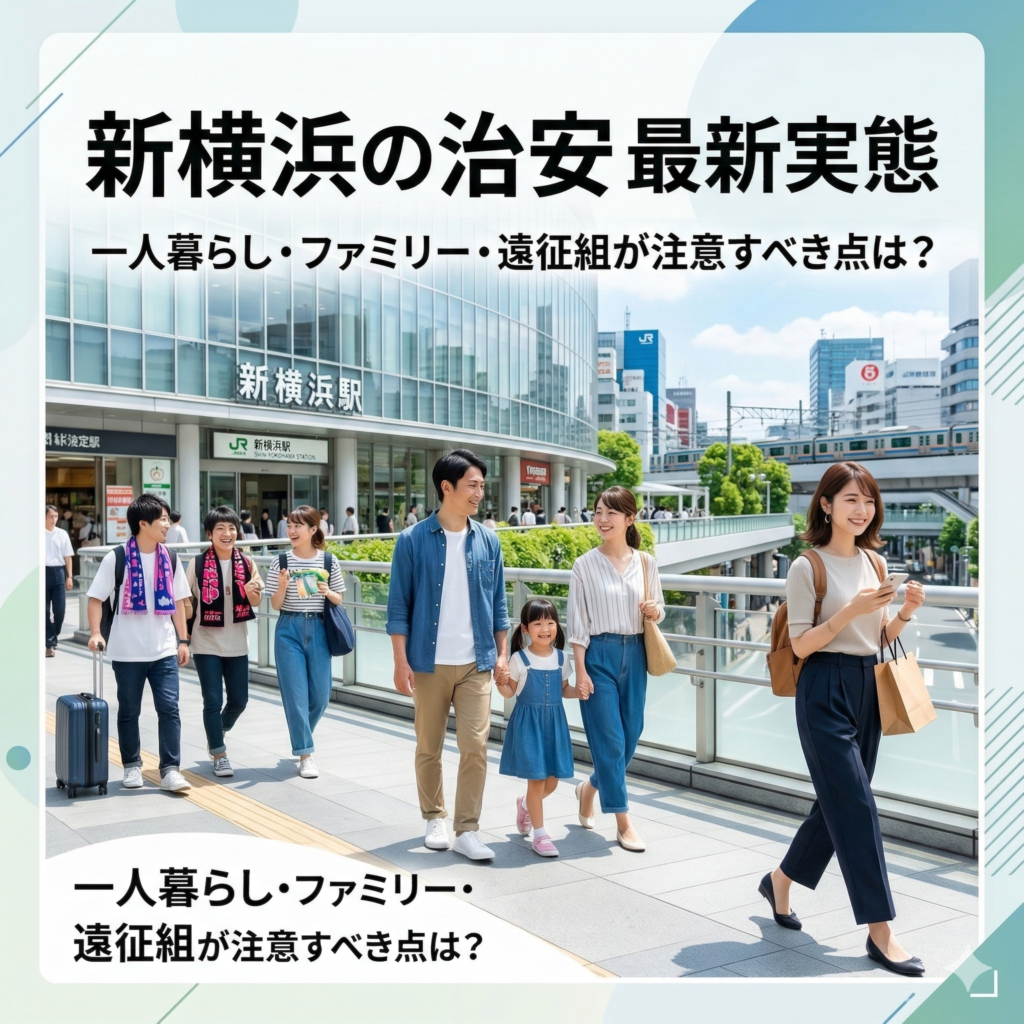 JR新横浜駅を背景に、明るい日差しの中で笑顔で歩く人々の写真。右側にはスマートフォンを手に持った一人暮らしの女性、中央には仲睦まじい3人家族、左側には遠征組と思われる、キャリーバッグを引く若者たちのグループが描かれています。画像上部には「新横浜の治安 最新実態」と大きな文字が配置されています。