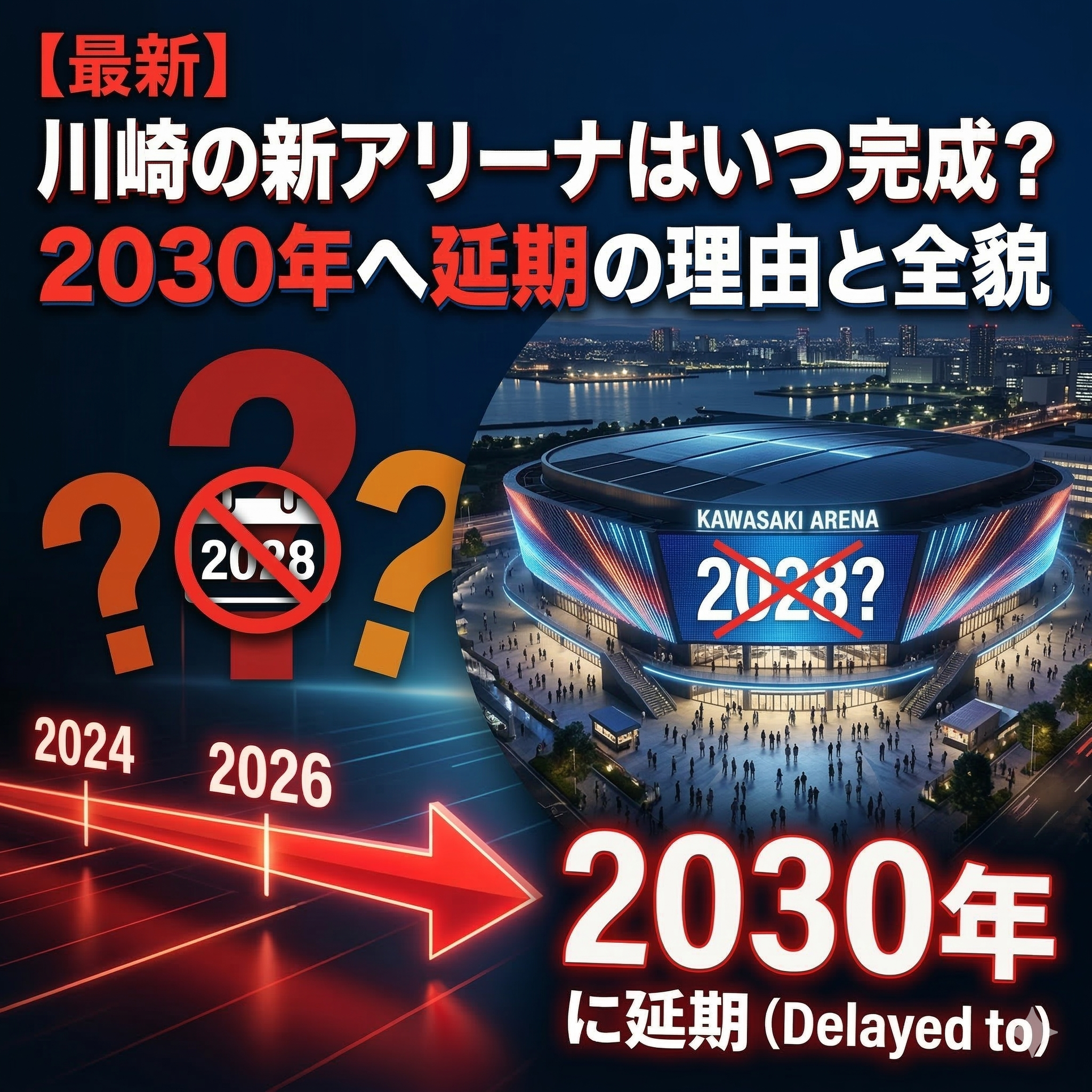 画像の上部には、黒地に白と赤の大きな文字でタイトルが表示されています。 画像の下部には、建設予定の「川崎アリーナ」の完成予想図と、その手前にタイムラインが描かれています。 左側には、大きな赤いクエスチョンマーク（？）が描かれ、その中に「2028」と書かれたカレンダーと、それを禁止するマークが配置されています。その下には、2024年、2026年と書かれた赤い矢印が描かれています。 右側には、近代的なデザインの「川崎アリーナ」の完成予想図が描かれ、アリーナの壁面には「2028？」と書かれています。 アリーナの下には、大勢の人々がアリーナに向かって歩いている様子が描かれ、その手前に「2030年」と大きな文字で書かれています。その下には「に延期（Delayed to）」と書かれています。 全体として、アリーナの完成が2030年に延期されたことを強調する、ドラマチックで映画のような夜景が描かれています。