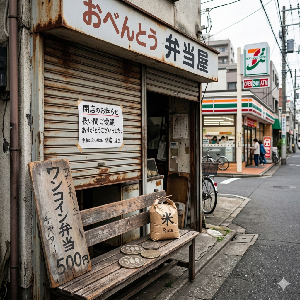閉業した古びた日本の個人弁当店のシャッターに貼られた「閉店のお知らせ」。店先の木製ベンチには、手書きの「ワンコイン弁当 500円」の看板と、「米 Rice」と書かれた小さな米袋、そして複数の500円硬貨が置かれている。すぐ隣には、明るく営業している大手コンビニエンスストア（セブン-イレブン）の店舗と看板が見え、個人店と大手チェーンの対比が強調されている。日本の典型的な住宅街の通りの風景。