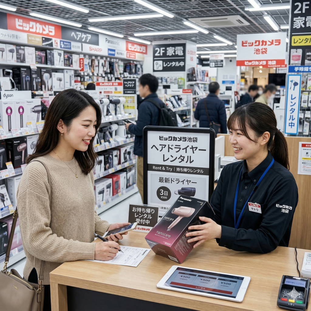 ビックカメラ池袋の新店舗でヘアドライヤーの「持ち帰りレンタル」を申し込んでいる20代の女性の画像。