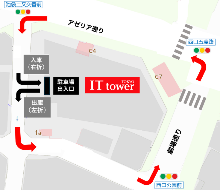 IT tower TOKYO 駐車場 出入口案内図。