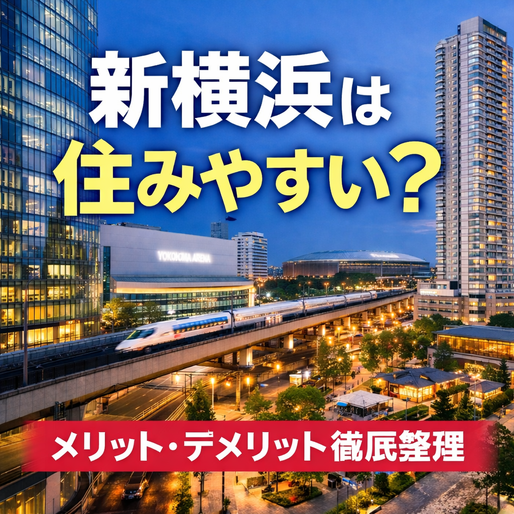 夕暮れの新横浜の街並みと横浜アリーナ、新幹線高架を背景に「新横浜は住みやすい？メリット・デメリット徹底整理」と大きく表示したアイキャッチ画像