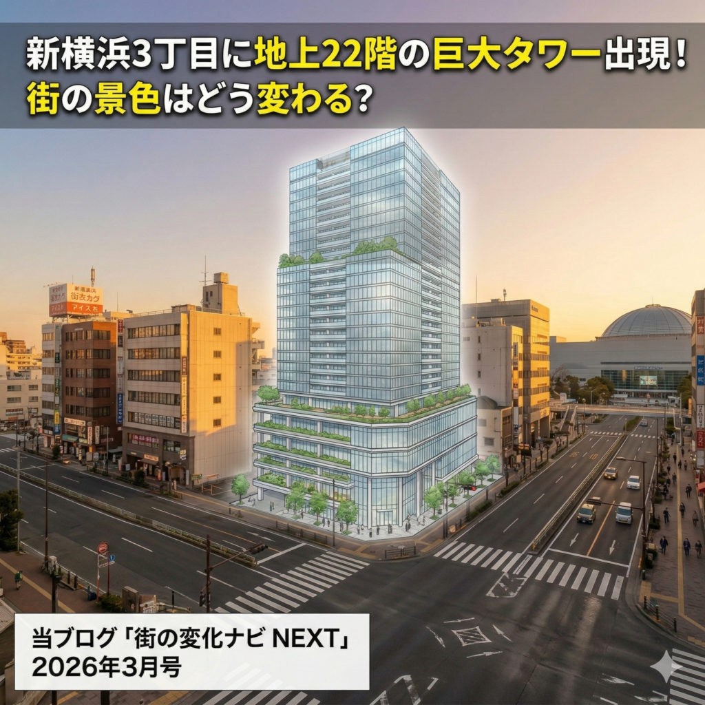 新横浜3丁目に建設予定の三菱地所レジデンス22階建て複合タワー完成予想図と現地の街並み。街の変化ナビNEXT 2026年3月号アイキャッチ画像。