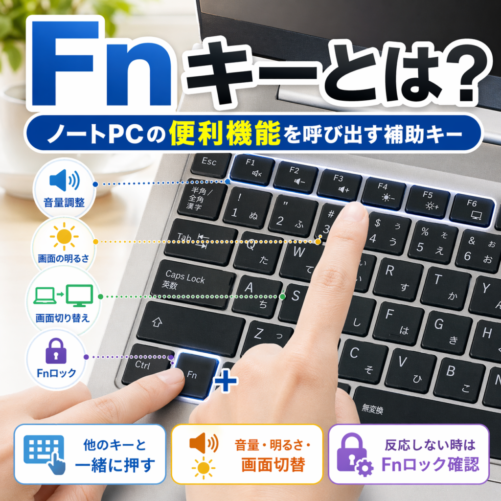 ノートPCのキーボードでFnキーと機能キーを押し、音量・明るさ・画面切り替え・Fnロックを説明するアイキャッチ画像。