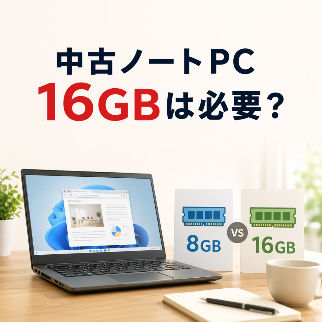 明るい室内の机に中古ノートPCが置かれ、上部に「中古ノートPC 16GBは必要？」の文字、右側に8GBと16GBの比較パネルが並ぶブログ用アイキャッチ画像。
