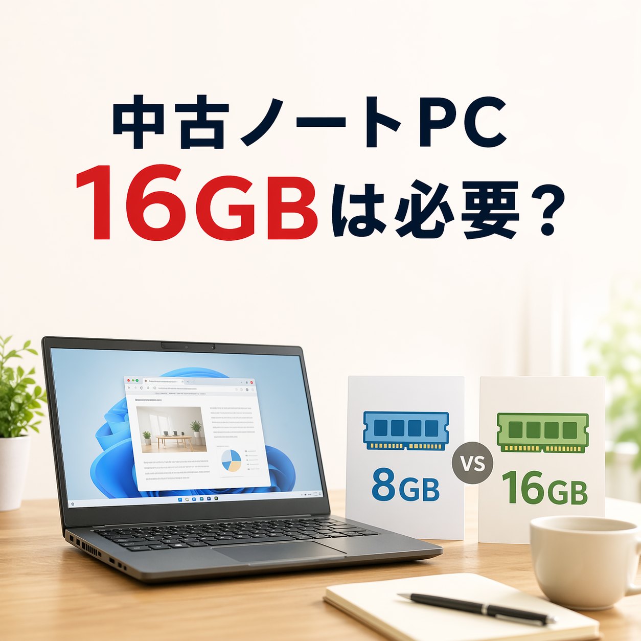 明るい室内の机に中古ノートPCが置かれ、上部に「中古ノートPC 16GBは必要？」の文字、右側に8GBと16GBの比較パネルが並ぶブログ用アイキャッチ画像。
