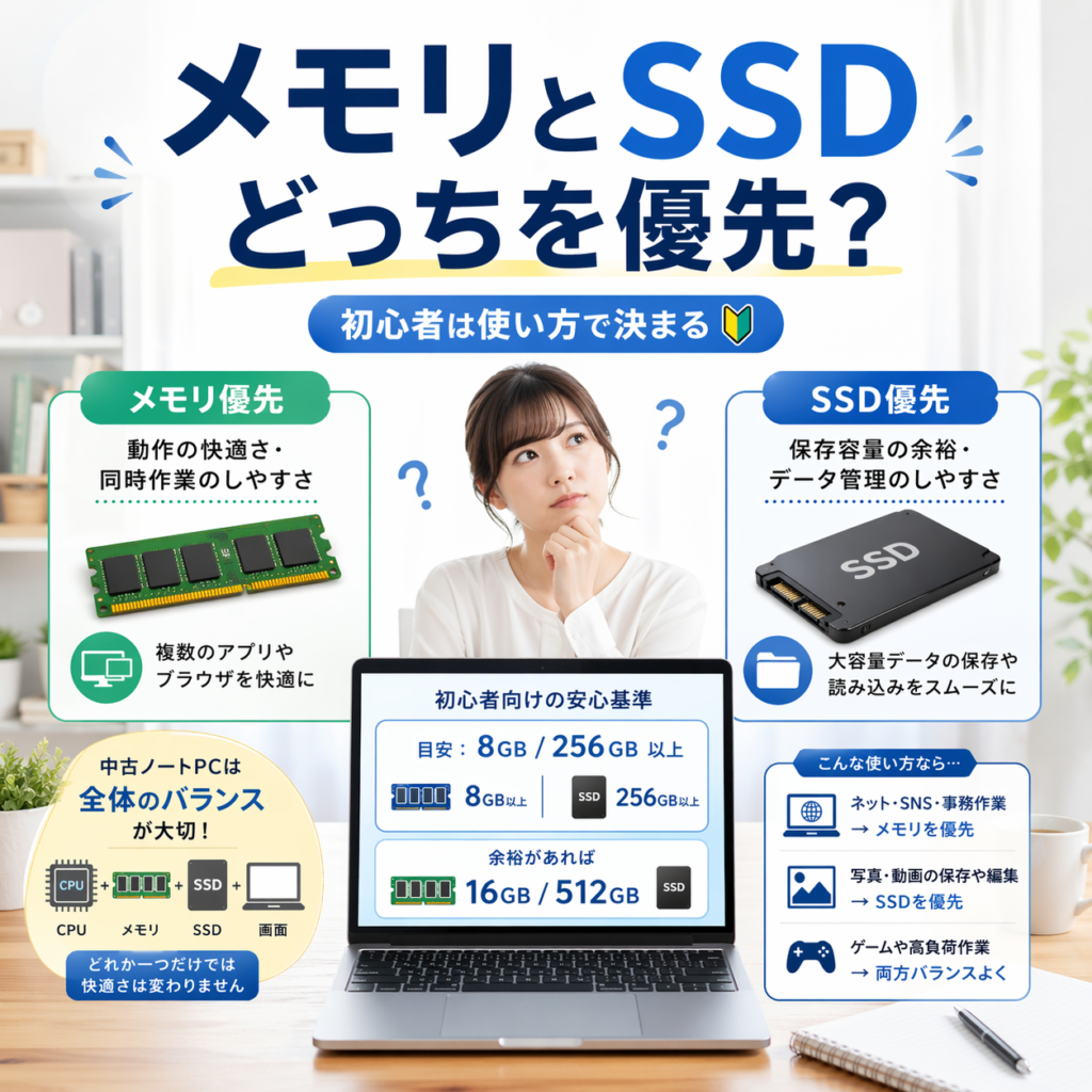 明るいデスク上のノートPCを中心に、メモリ優先とSSD優先の違いを初心者向けに比較したアイキャッチ画像。