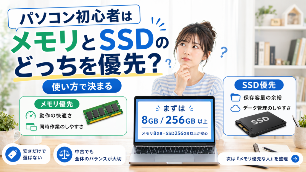 デスク上のノートPCと考え込む女性を中心に、パソコン初心者向けに「メモリ」と「SSD」のどちらを優先すべきかを比較し、メモリ優先・SSD優先の違いと「まずは8GB / 256GB以上」が目安と伝える16:9のアイキャッチ画像。