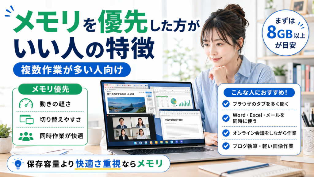 ノートPCを前にした女性と複数ウィンドウ表示の画面を中心に、メモリを優先した方がいい人の特徴を紹介し、ブラウザの多タブ利用や同時作業、オンライン会議、ブログ執筆など複数作業が多い人向けと伝える16:9のアイキャッチ画像。